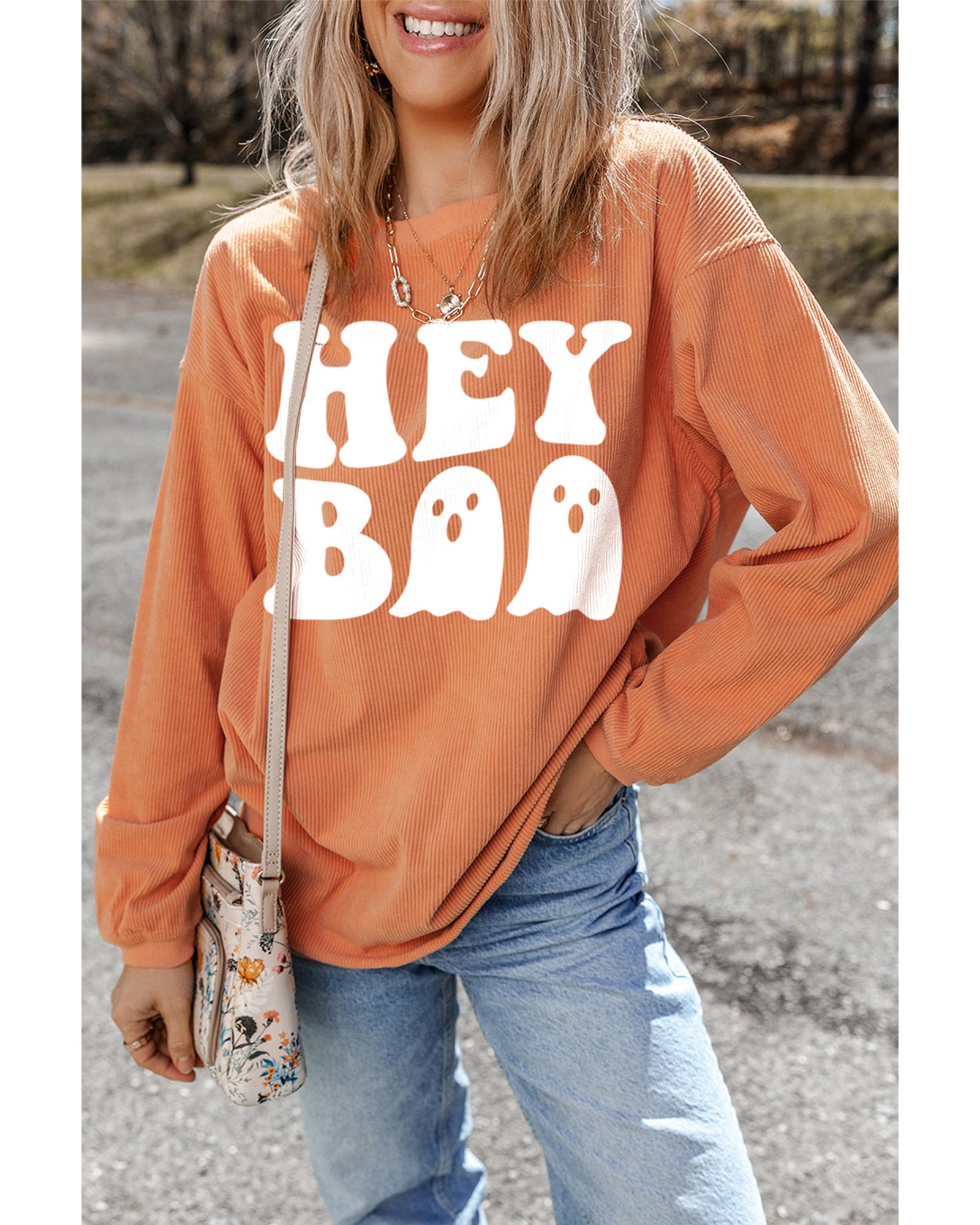 Orange Halloween Hey Boo Ghost Print Loose Sweatshirt - L