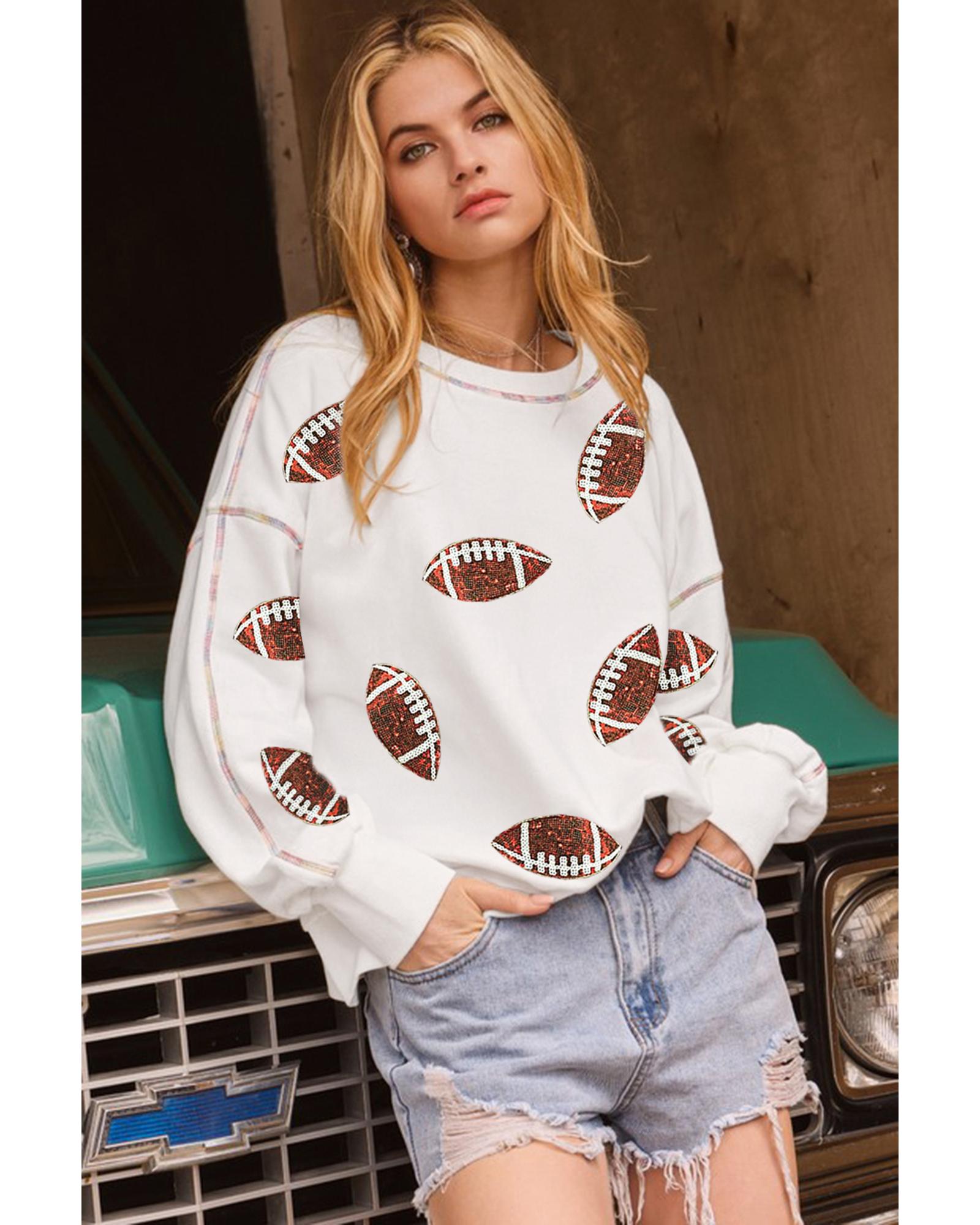 White Sequin Rugby Football Pattern Exposed Seam Game Day Sweatshirt - M