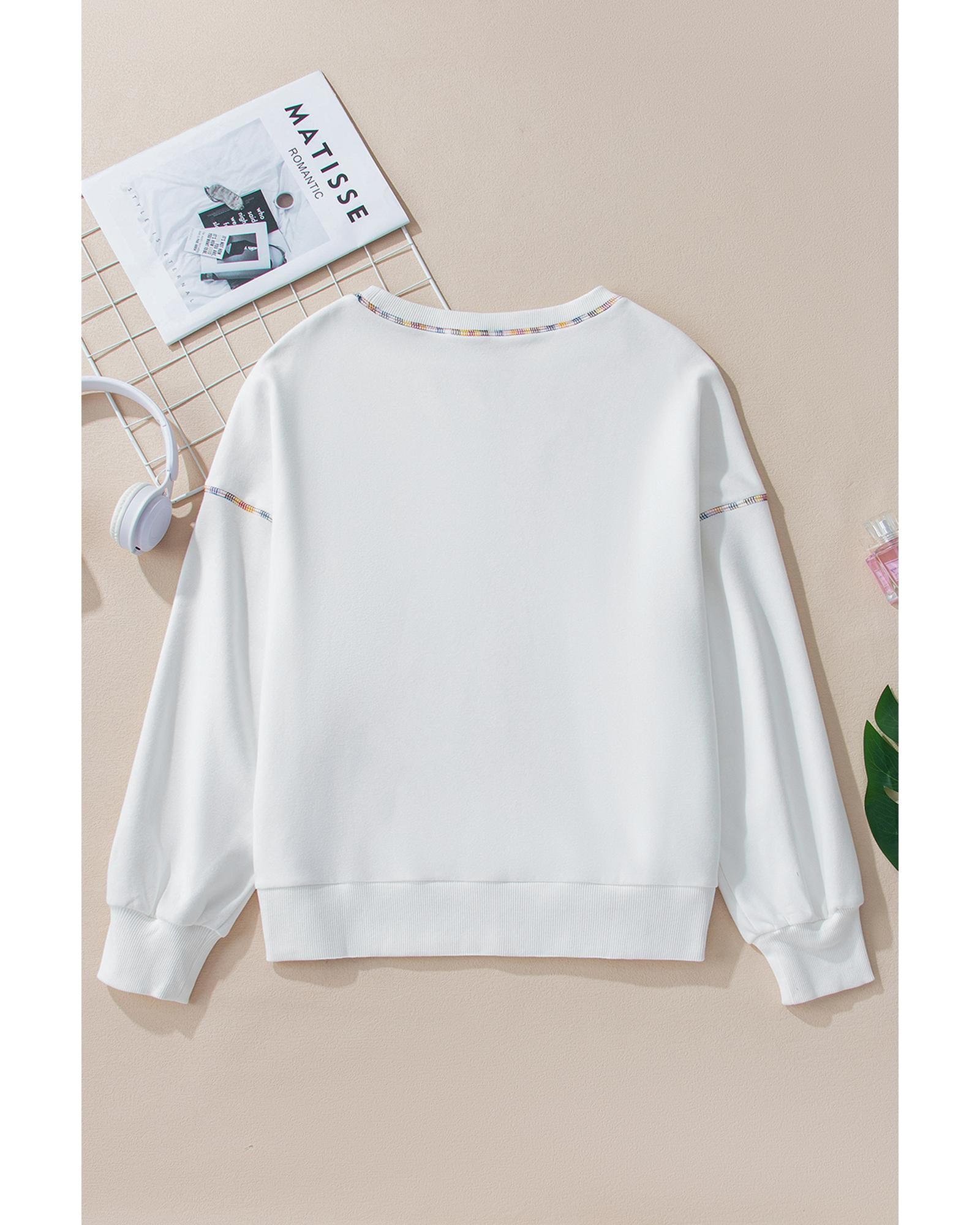 White Sequin Rugby Football Pattern Exposed Seam Game Day Sweatshirt - S 4