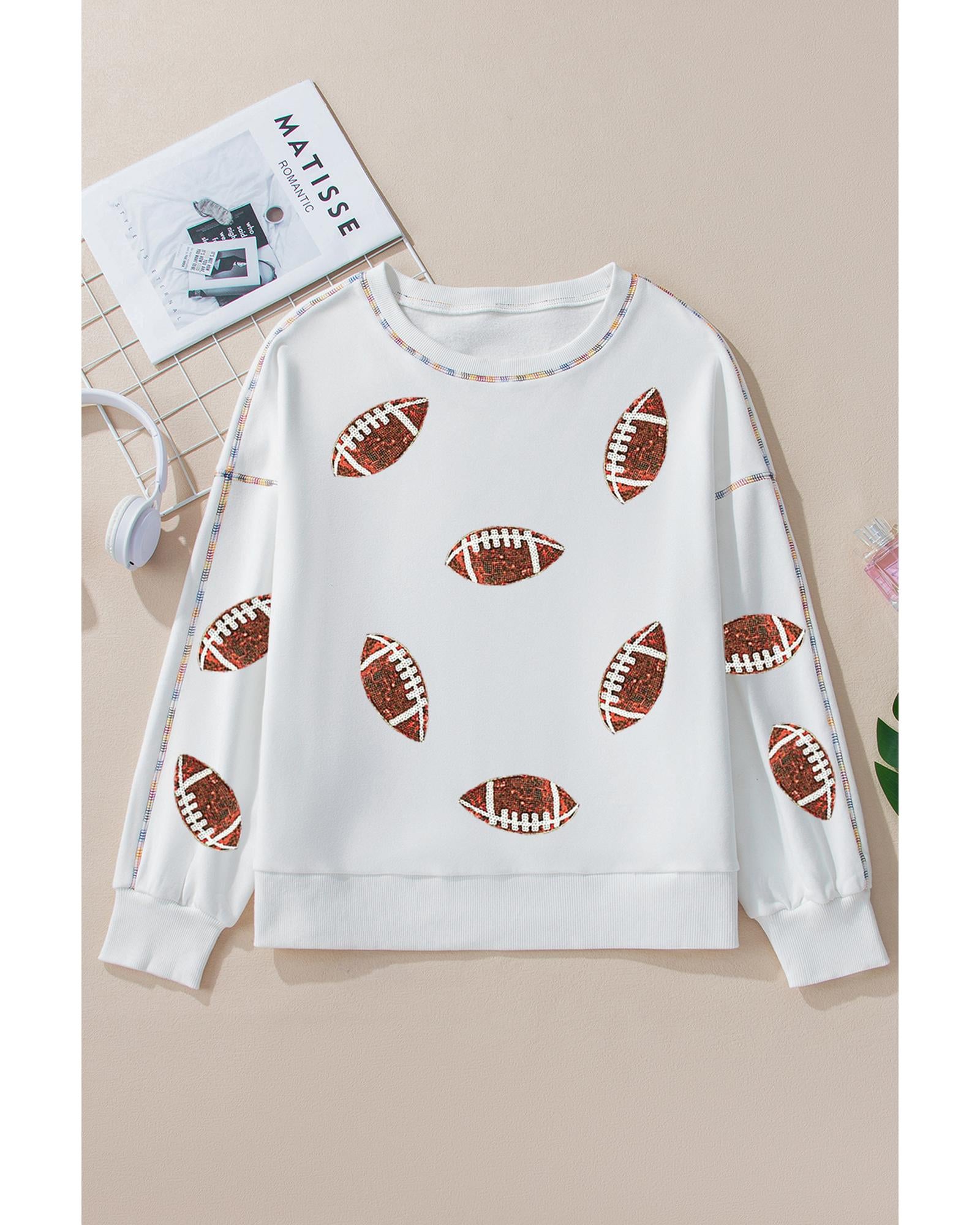 White Sequin Rugby Football Pattern Exposed Seam Game Day Sweatshirt - XL 5