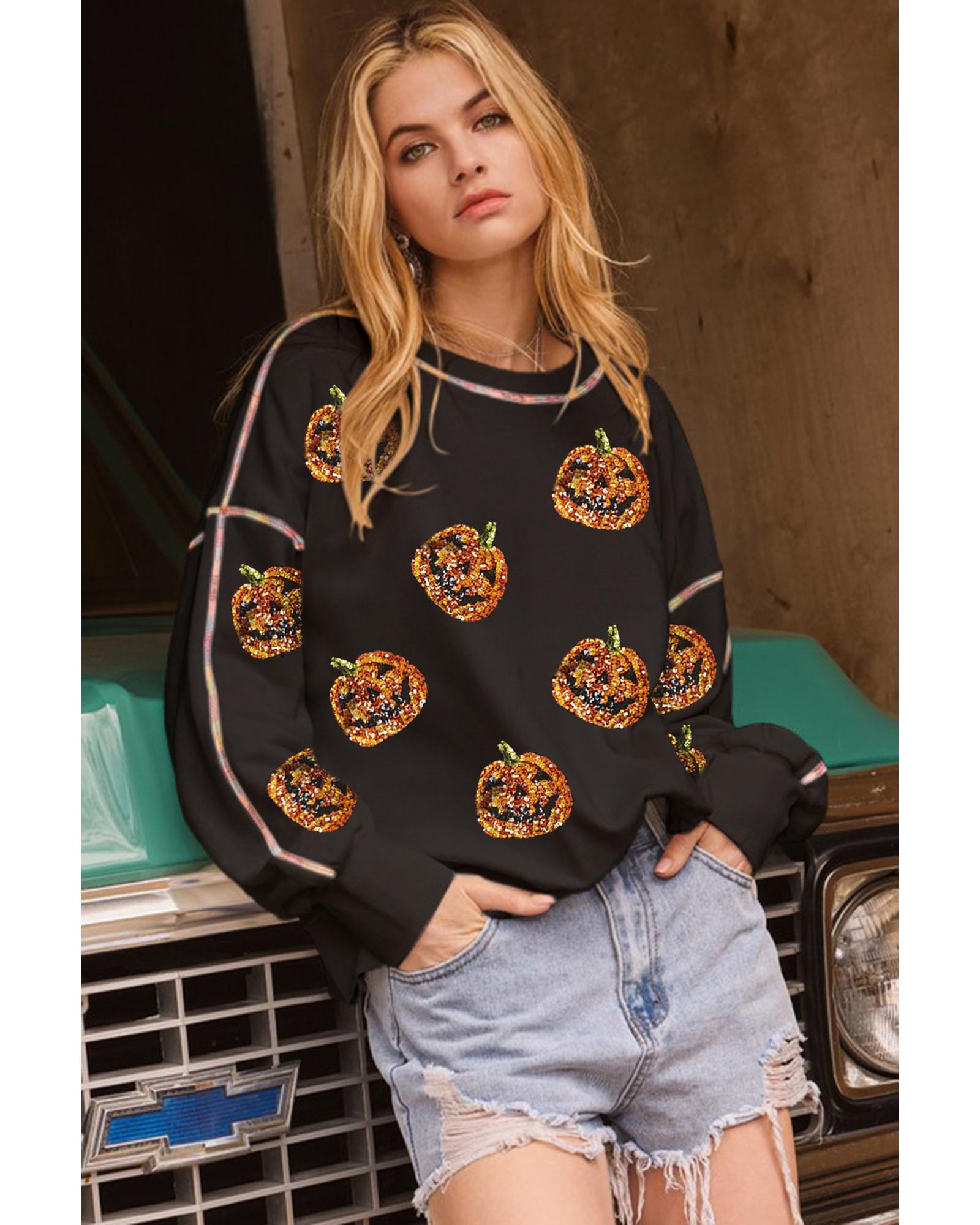 Black Sequin Pumpkin Face Graphic Exposed Seam Halloween Sweatshirt - L 3