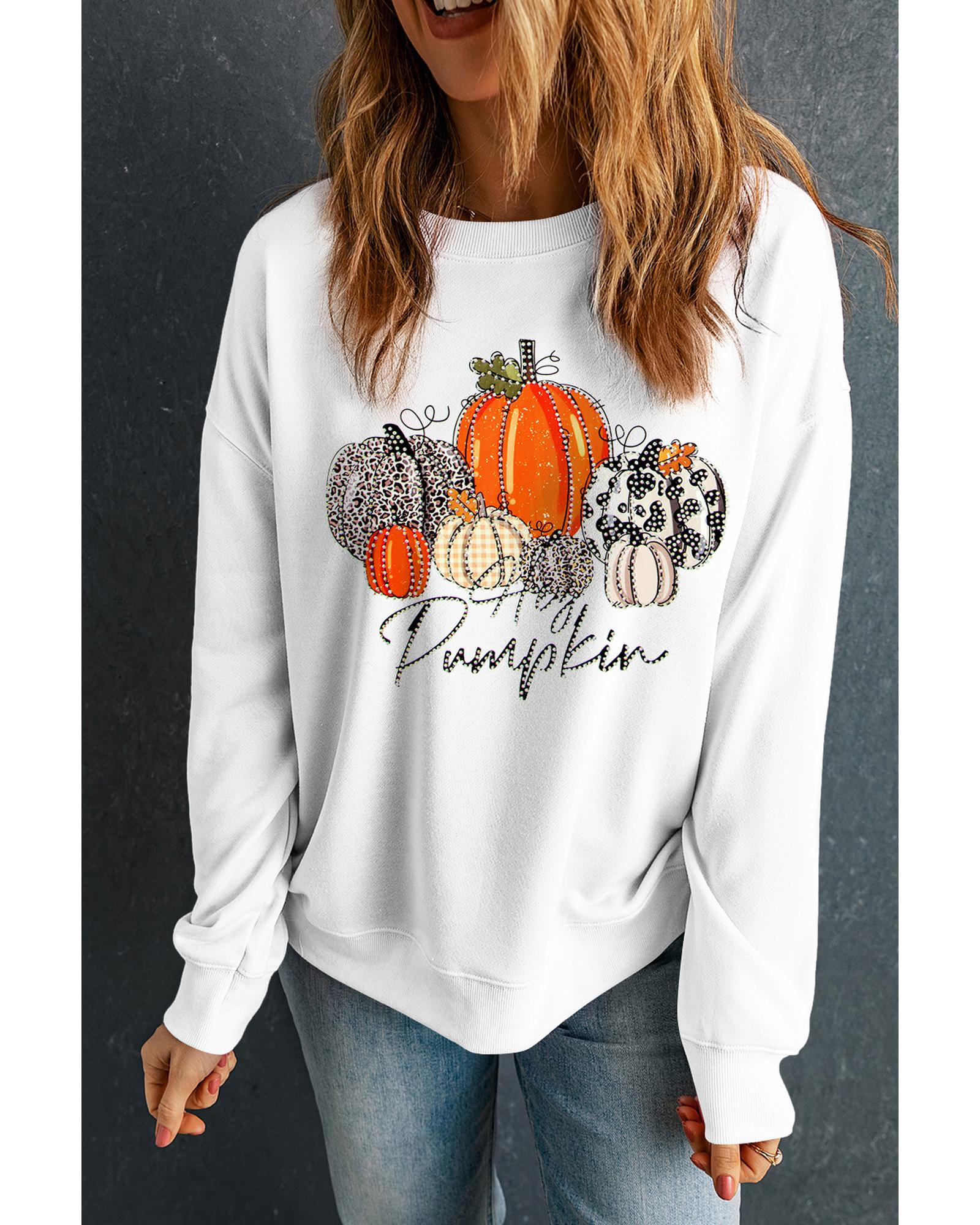 Beige Rhinestone Pumpkin Graphic Crewneck Thanksgiving Sweatshirt - M