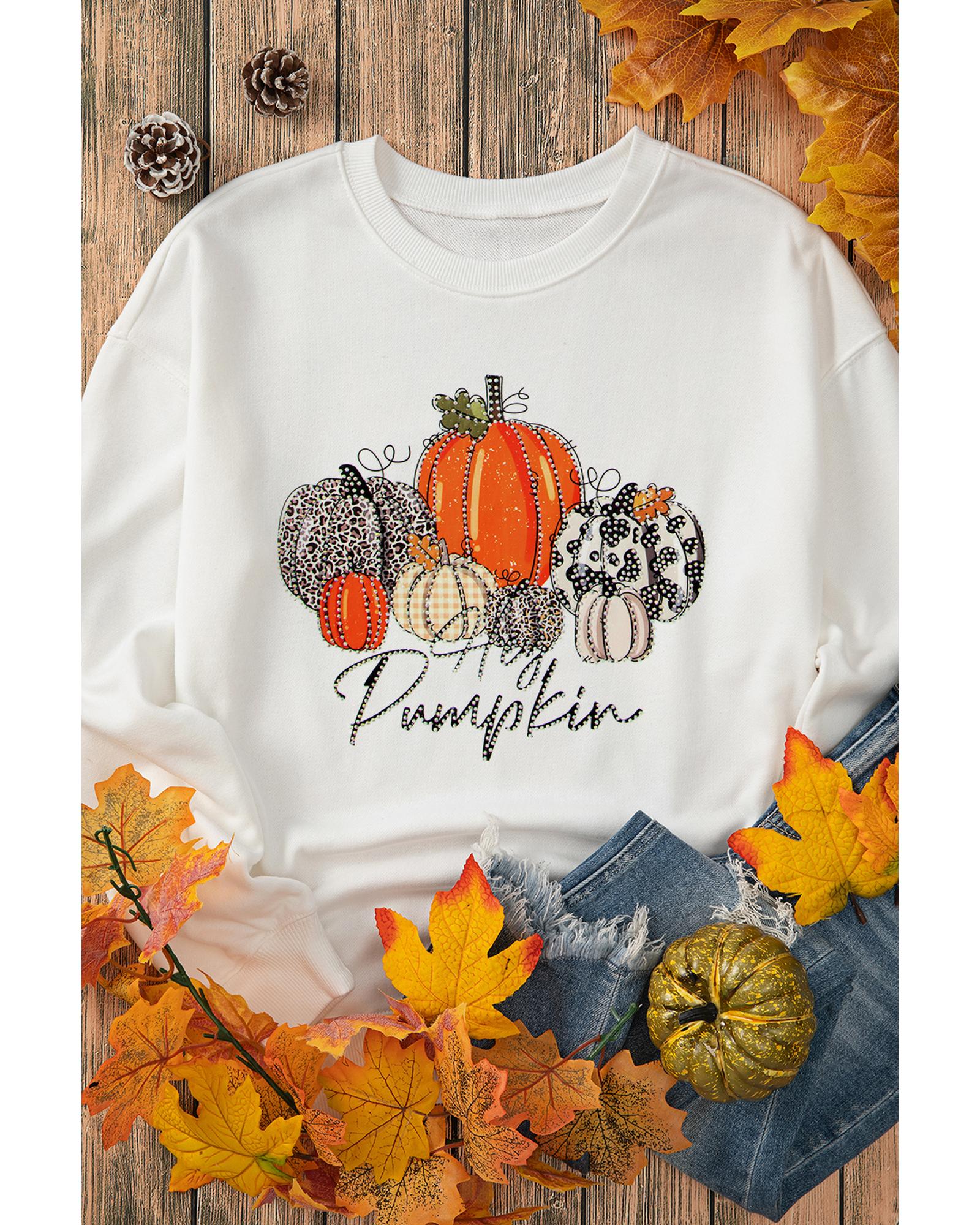 Beige Rhinestone Pumpkin Graphic Crewneck Thanksgiving Sweatshirt - S 4