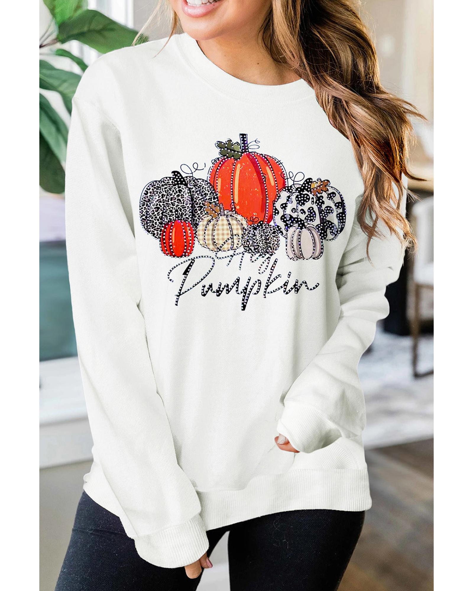 Beige Rhinestone Pumpkin Graphic Crewneck Thanksgiving Sweatshirt - S 6