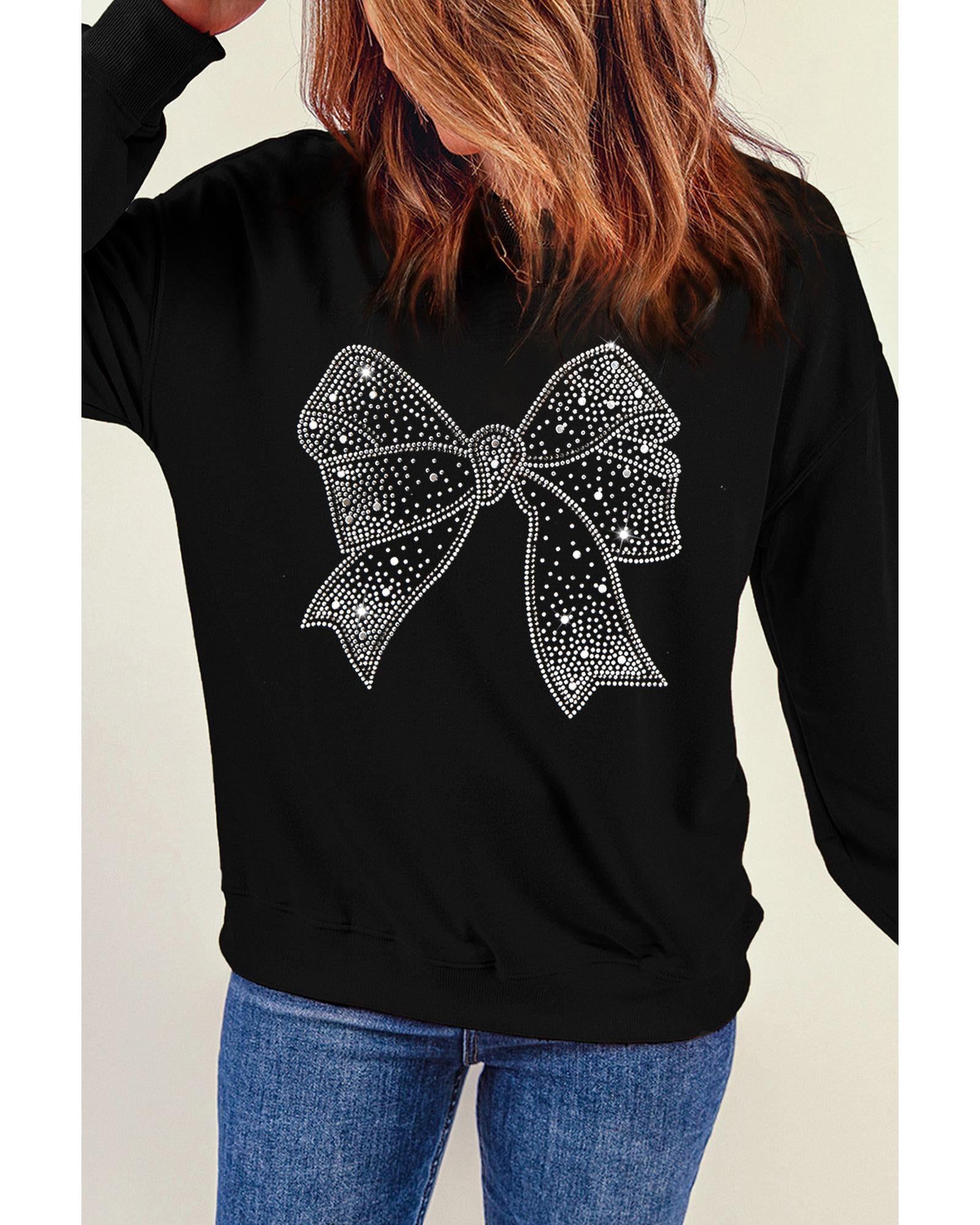 Black Rhinestone Bowknot Graphic Crewneck Pullover Sweatshirt - M 3