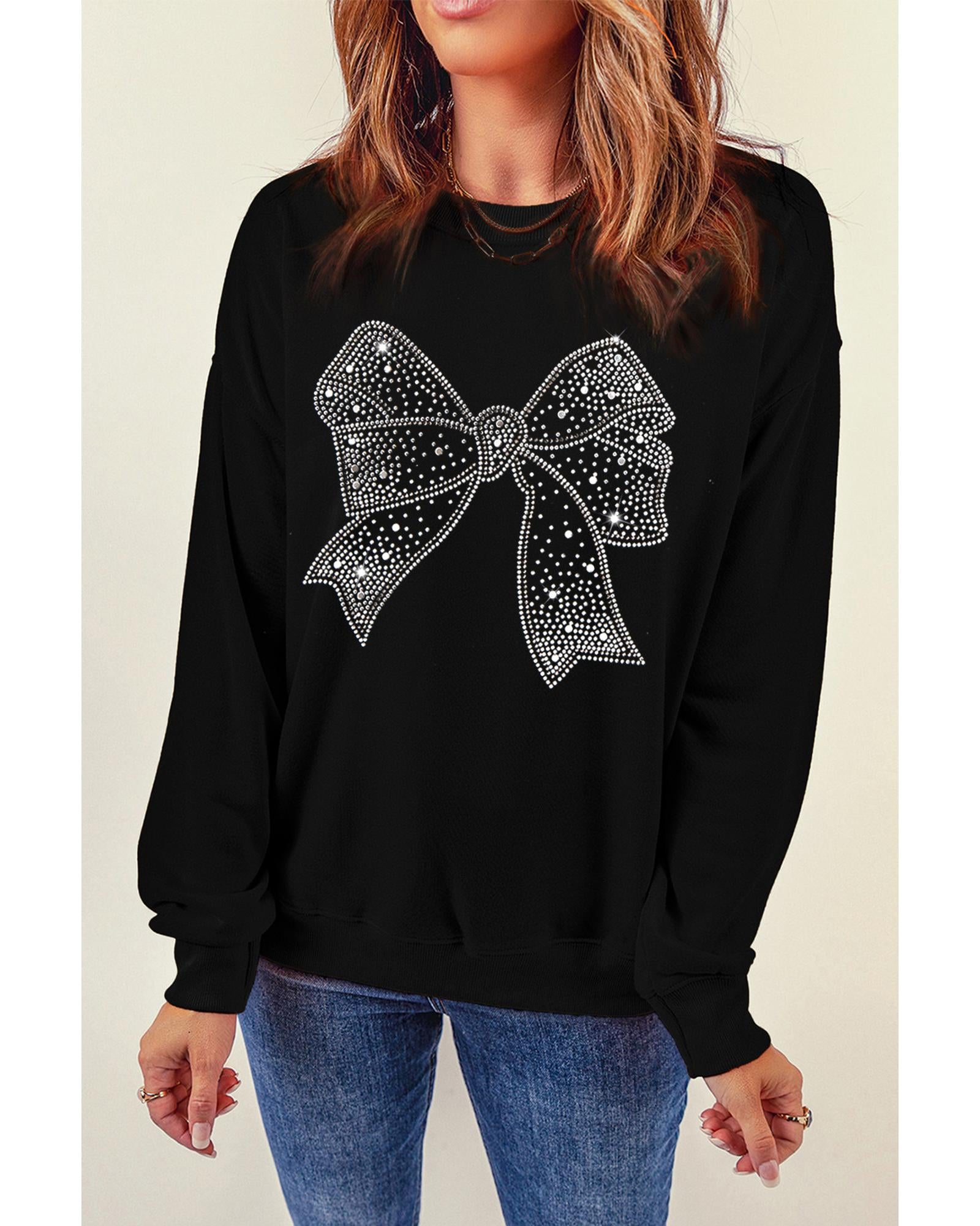 Black Rhinestone Bowknot Graphic Crewneck Pullover Sweatshirt - M 5