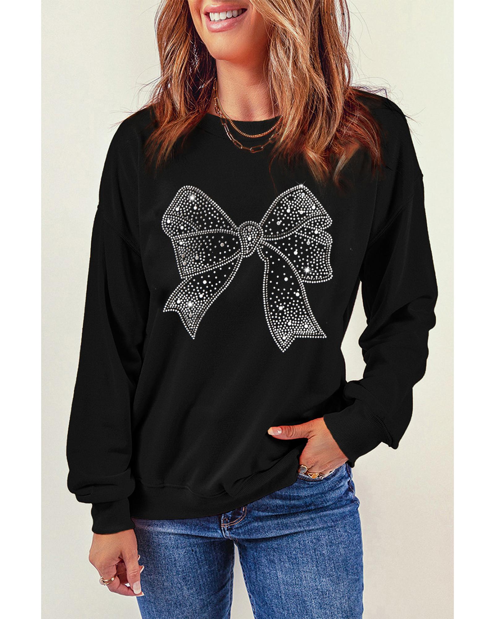 Black Rhinestone Bowknot Graphic Crewneck Pullover Sweatshirt - M 6