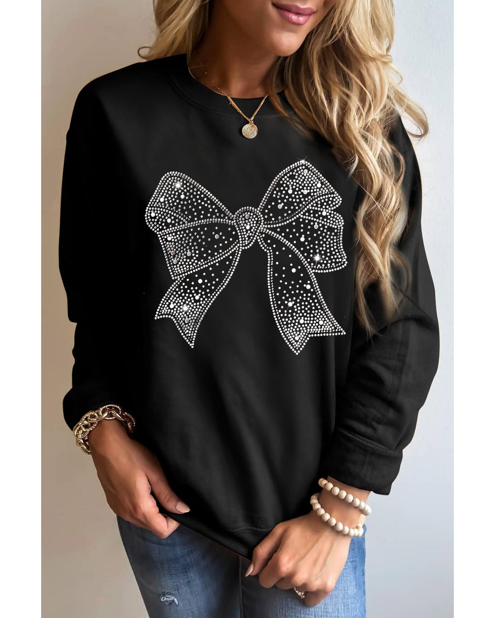 Black Rhinestone Bowknot Graphic Crewneck Pullover Sweatshirt - XL