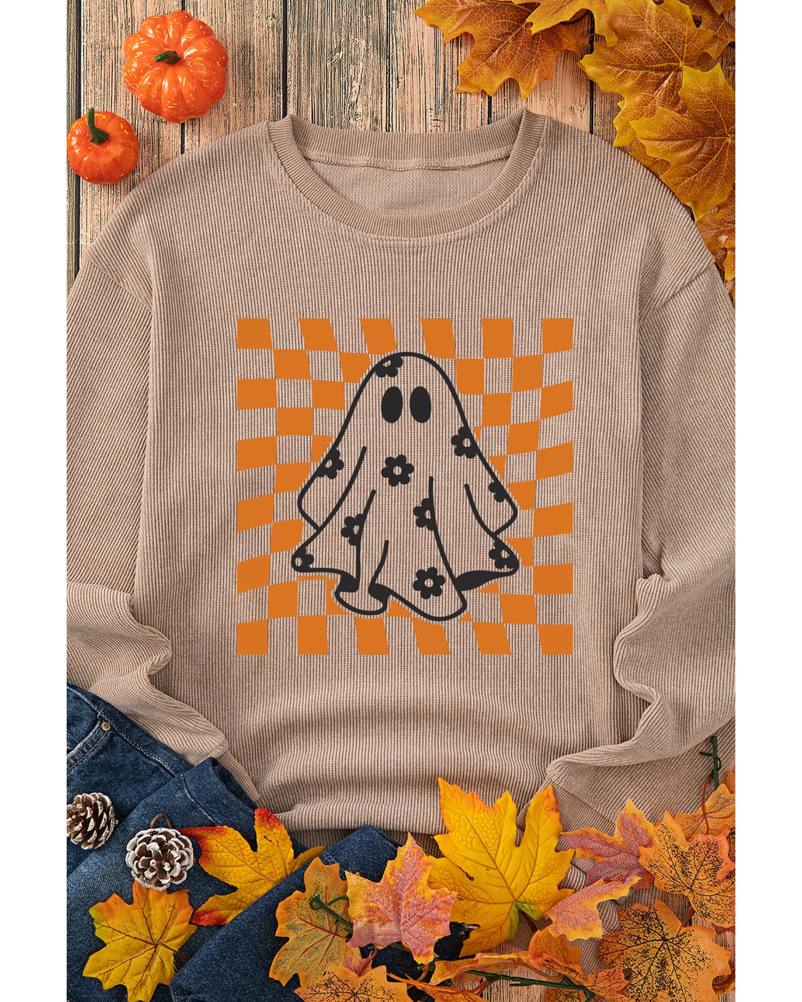 Khaki Checkerboard Floral Ghost Graphic Corded Halloween Sweatshirt - XL