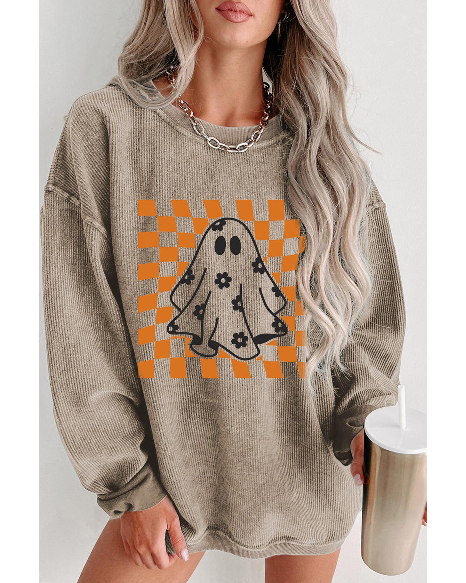 Khaki Checkerboard Floral Ghost Graphic Corded Halloween Sweatshirt - XL 3