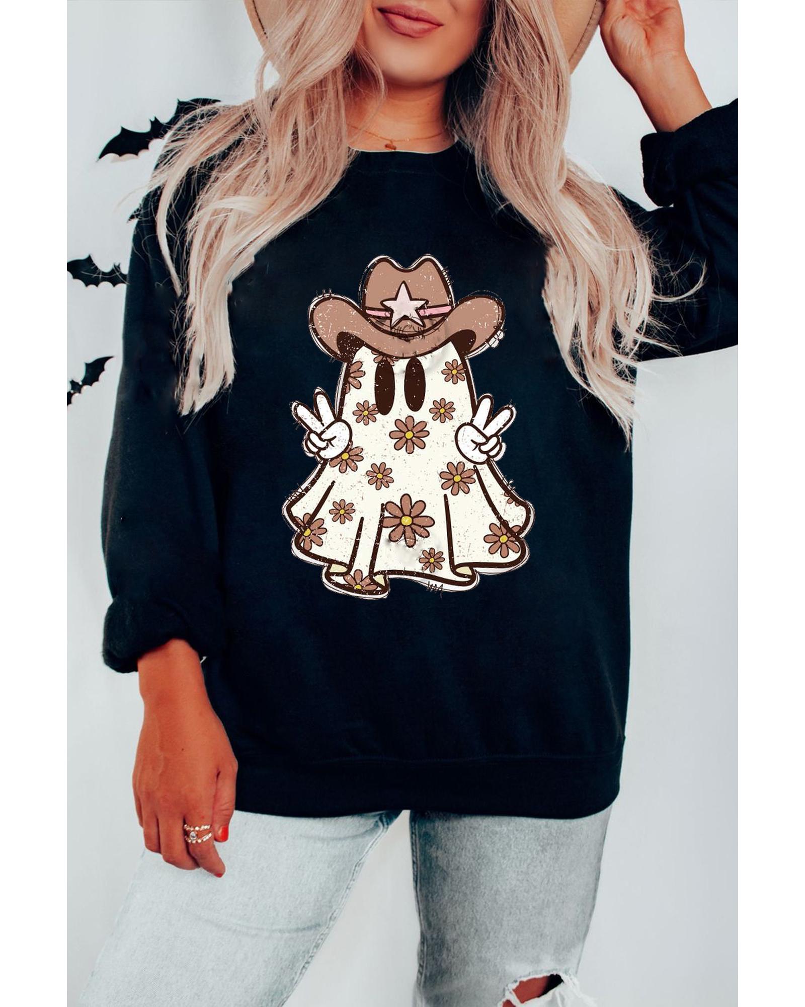 Black Halloween Floral Ghost Print Pullover Graphic Sweatshirt - M 3