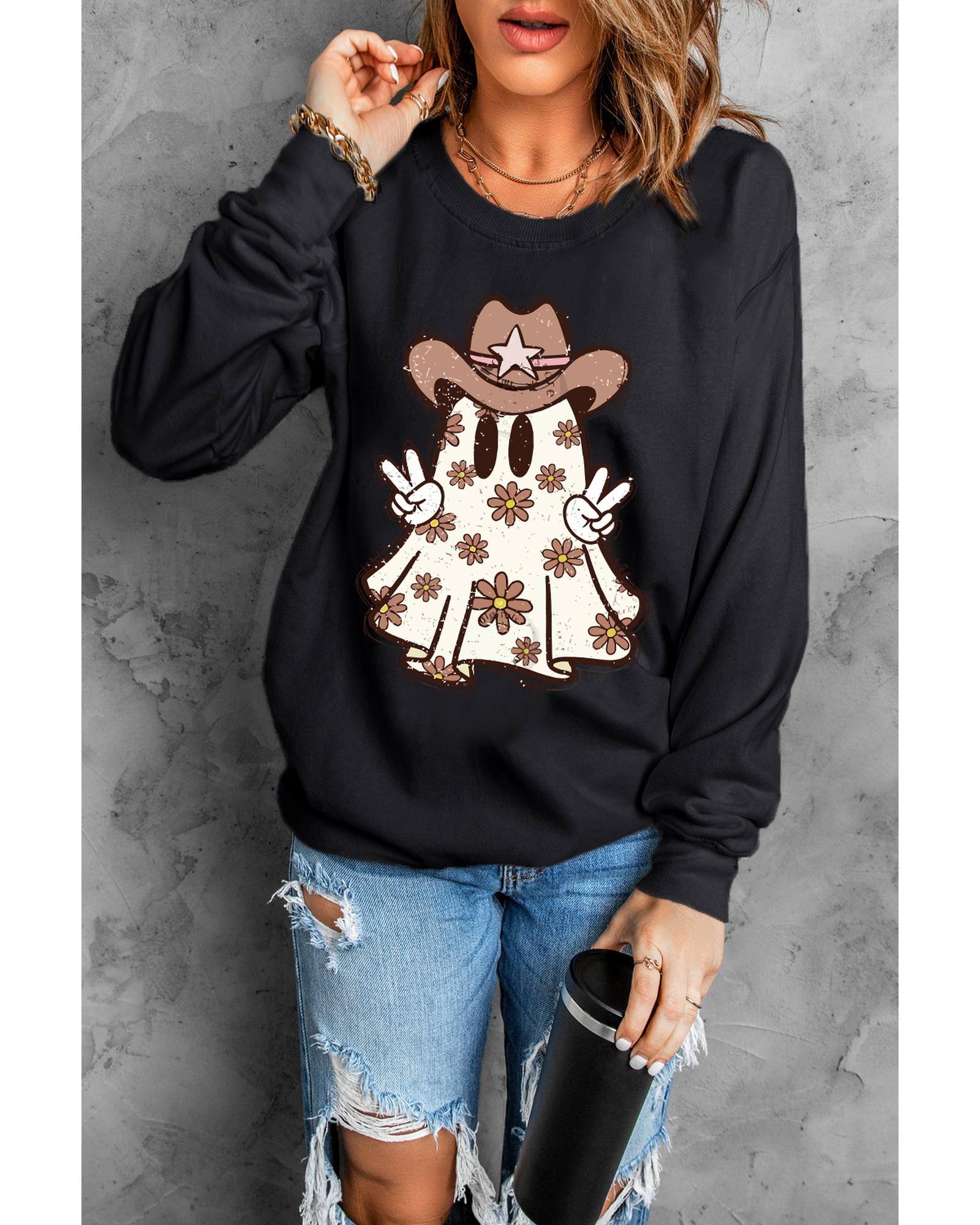Black Halloween Floral Ghost Print Pullover Graphic Sweatshirt - M 4