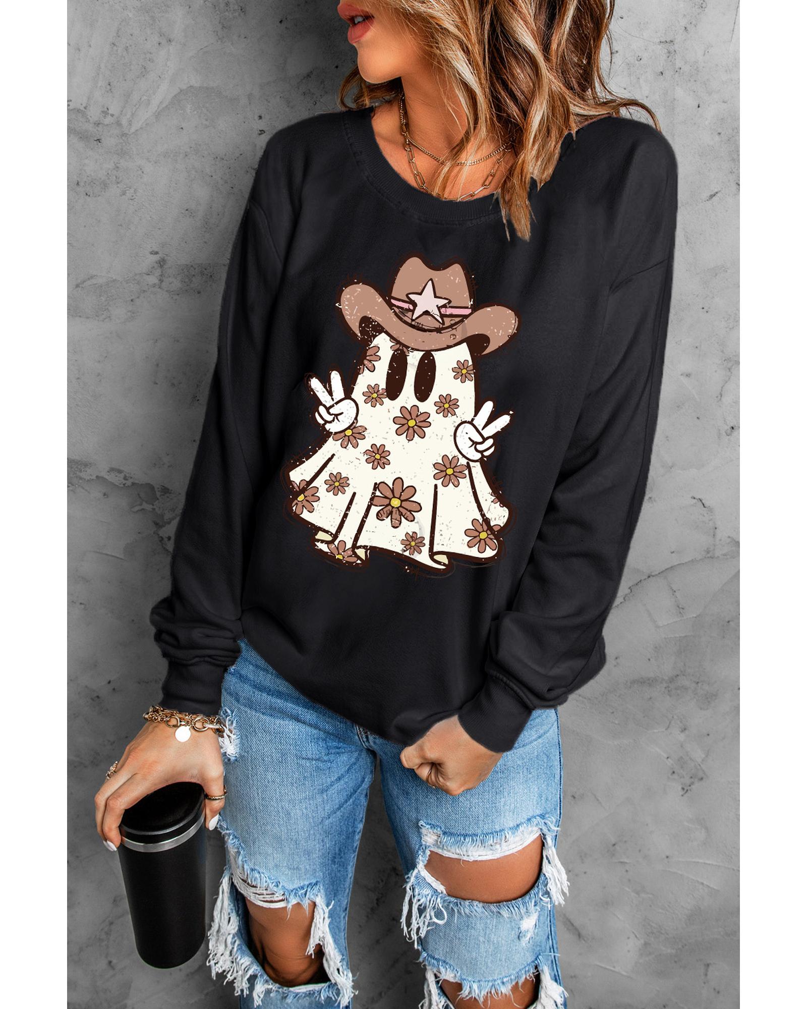 Black Halloween Floral Ghost Print Pullover Graphic Sweatshirt - M 5