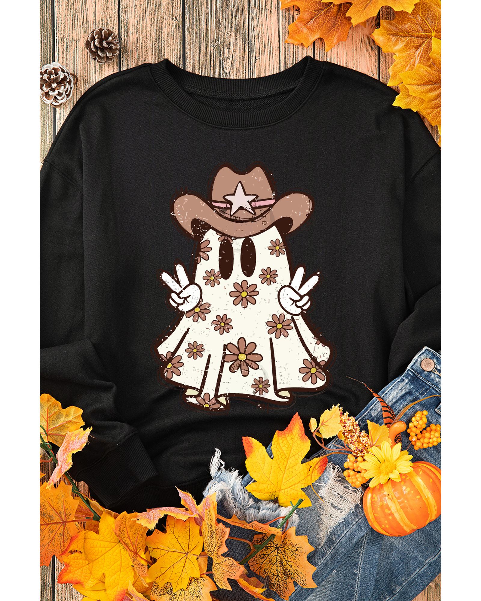 Black Halloween Floral Ghost Print Pullover Graphic Sweatshirt - M 6