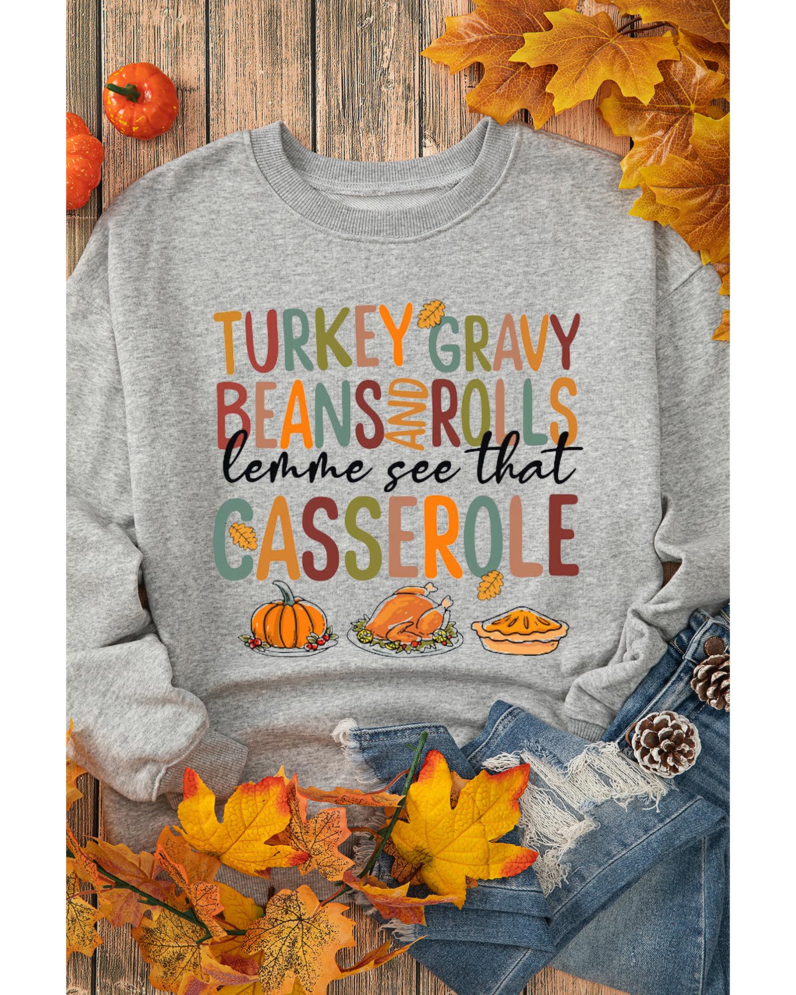 Gray Thanksgiving Slogan Pumpkin Turkey Pie Graphic Sweatshirt - S