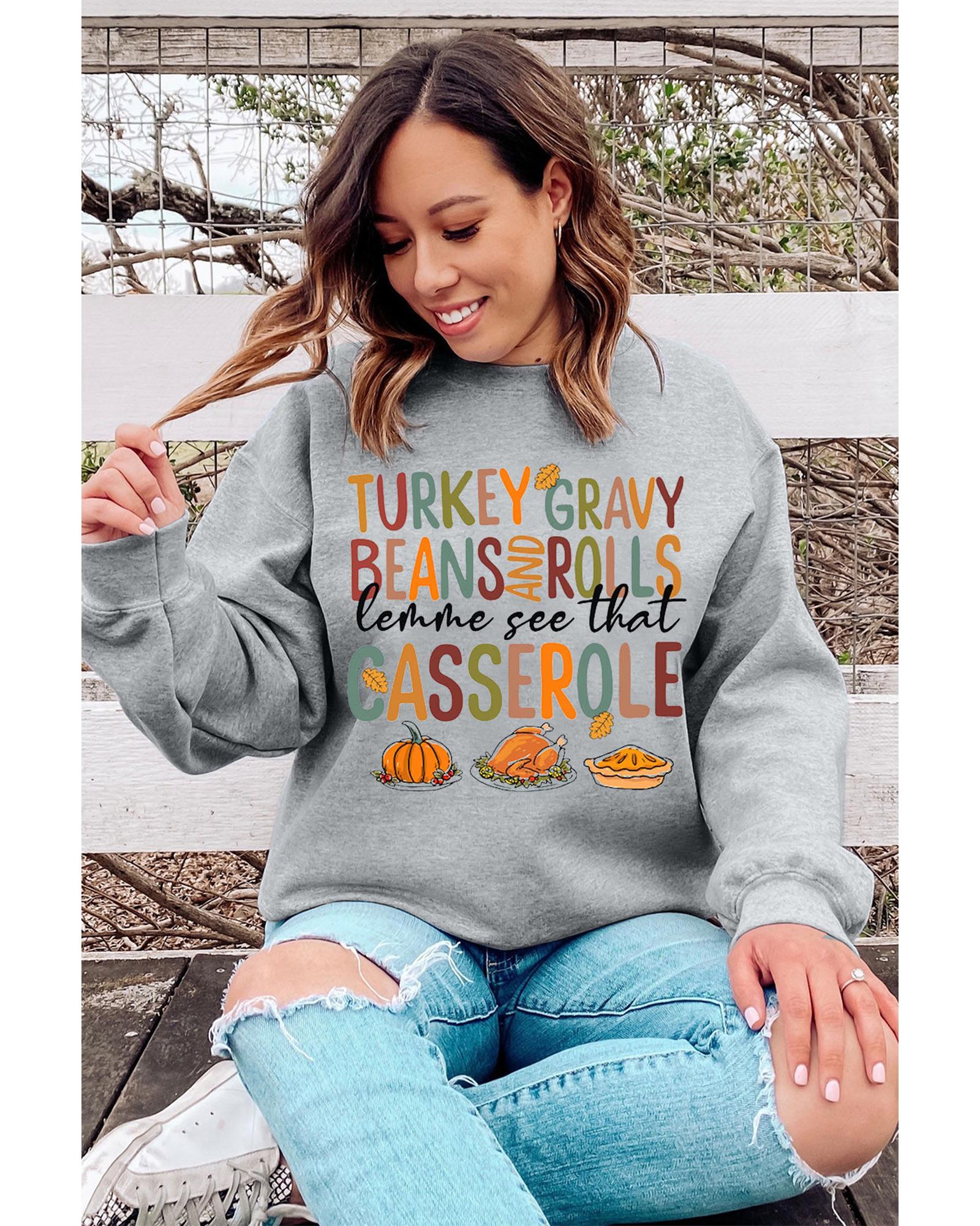 Gray Thanksgiving Slogan Pumpkin Turkey Pie Graphic Sweatshirt - S 6