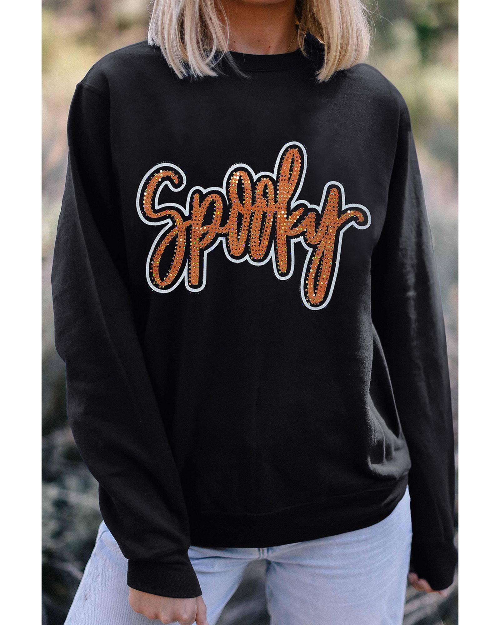 Black Spooky Rhinestone Drop Shoulder Graphic Sweatshirt - L 3