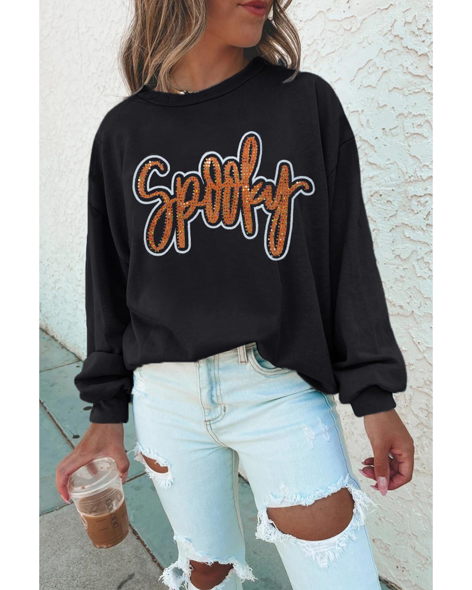 Black Spooky Rhinestone Drop Shoulder Graphic Sweatshirt - M 3