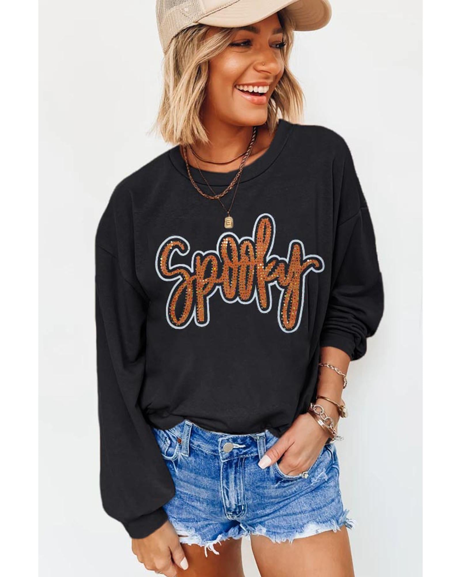Black Spooky Rhinestone Drop Shoulder Graphic Sweatshirt - M 4