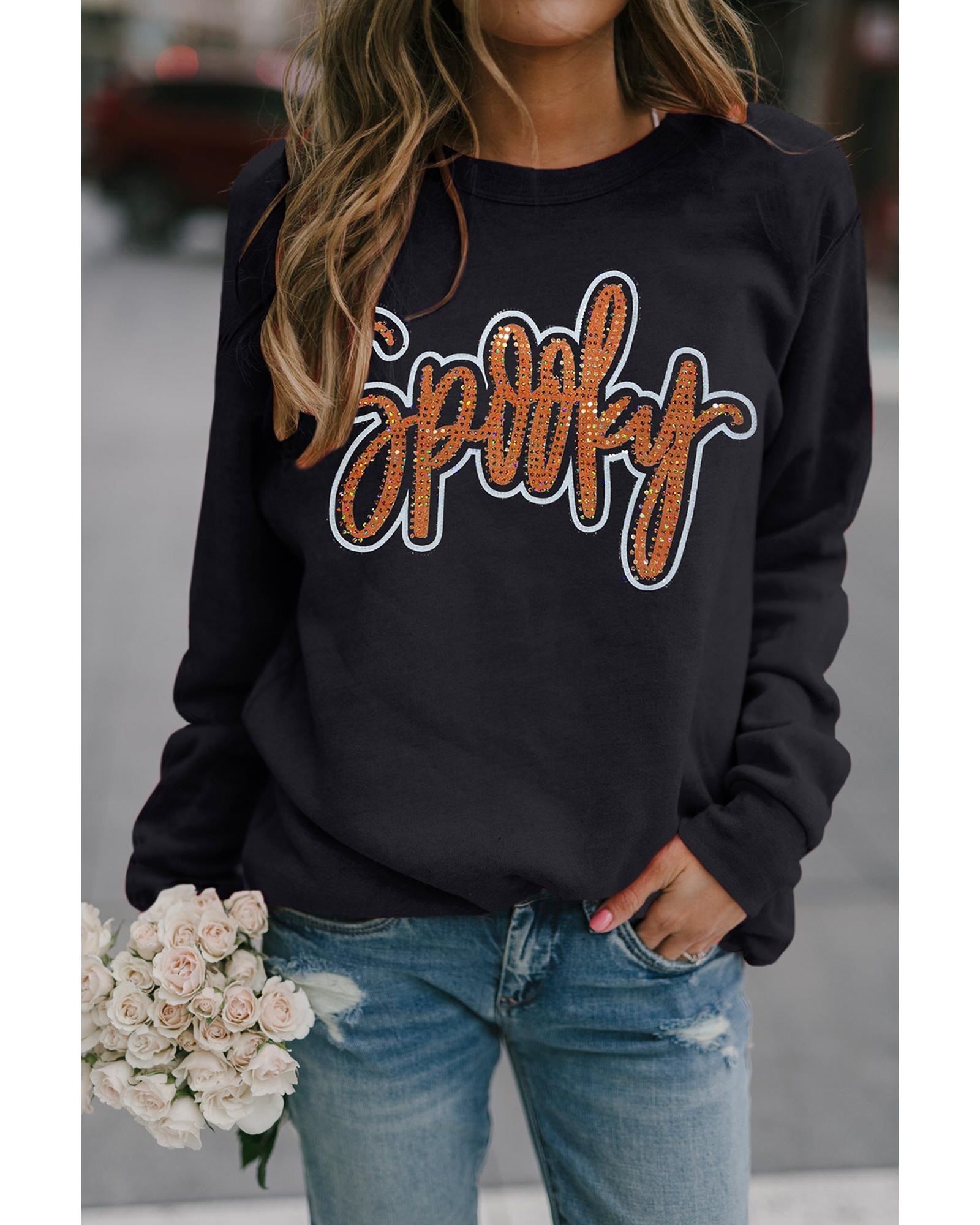 Black Spooky Rhinestone Drop Shoulder Graphic Sweatshirt - M 5