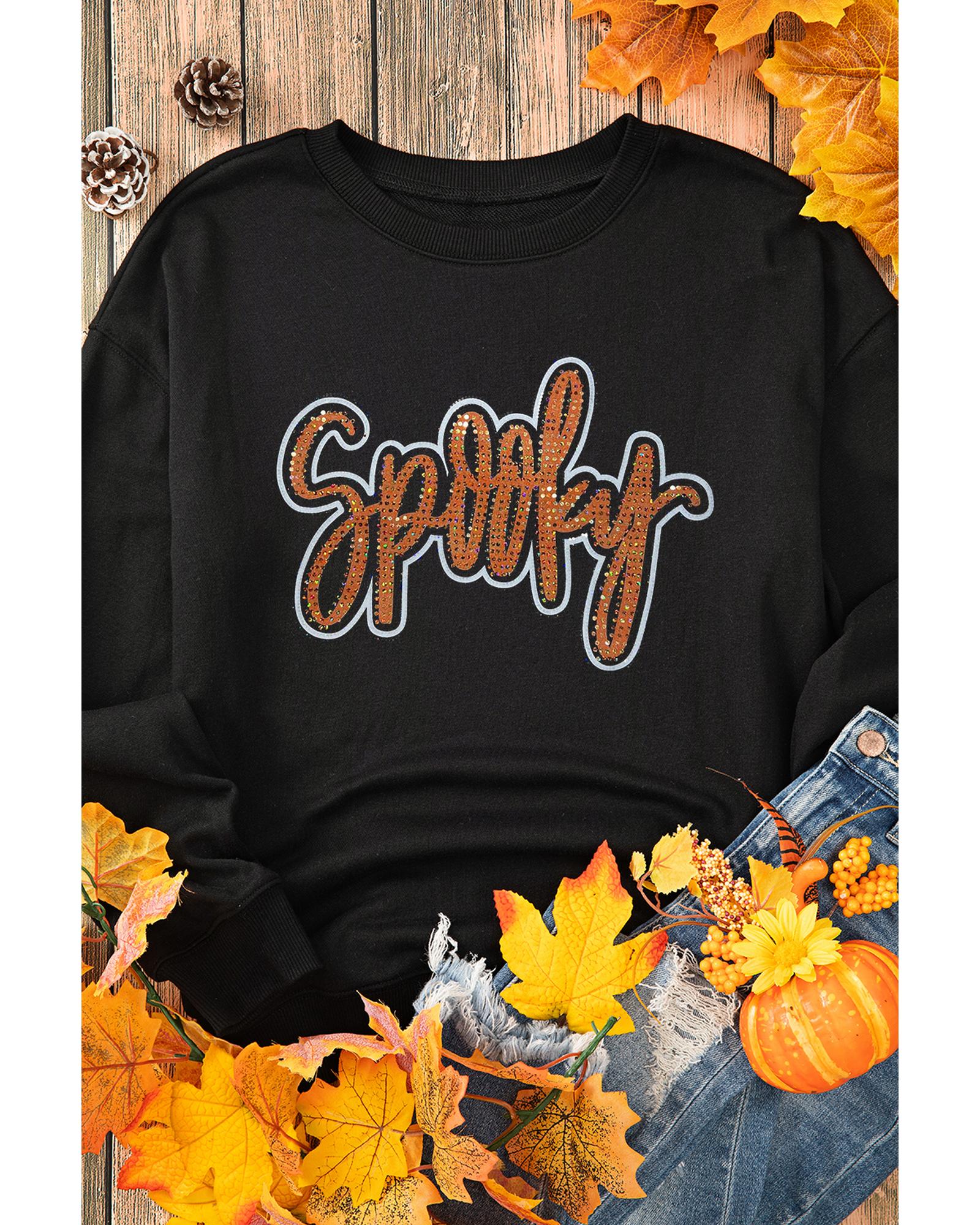 Black Spooky Rhinestone Drop Shoulder Graphic Sweatshirt - M 7