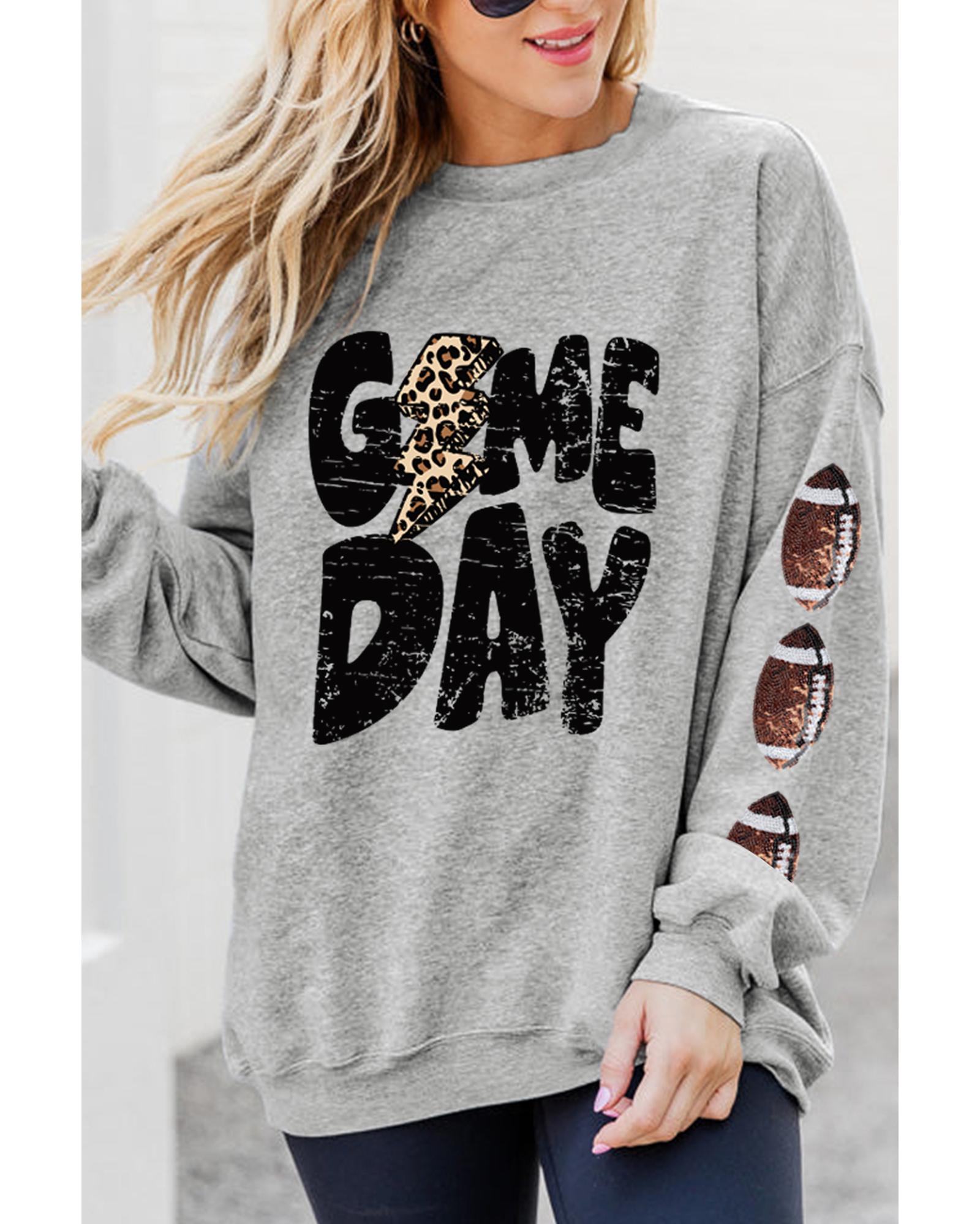 Gray GAME DAY Sequin Rugby Football Drop Shoulder Sweatshirt - S