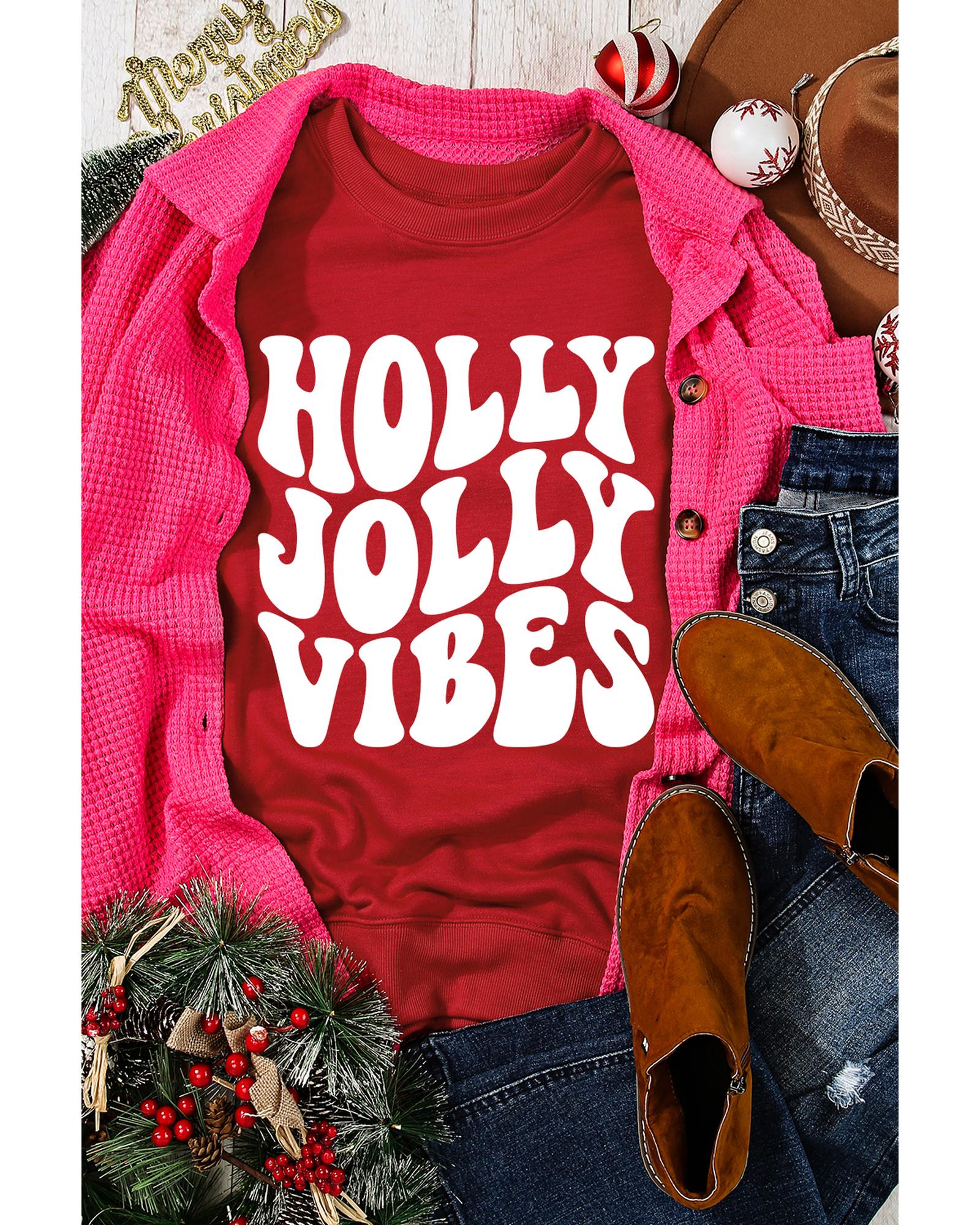 Red HOLLY JOLLY VIBES Graphic Crewneck Christmas Sweatshirt - 2XL 3