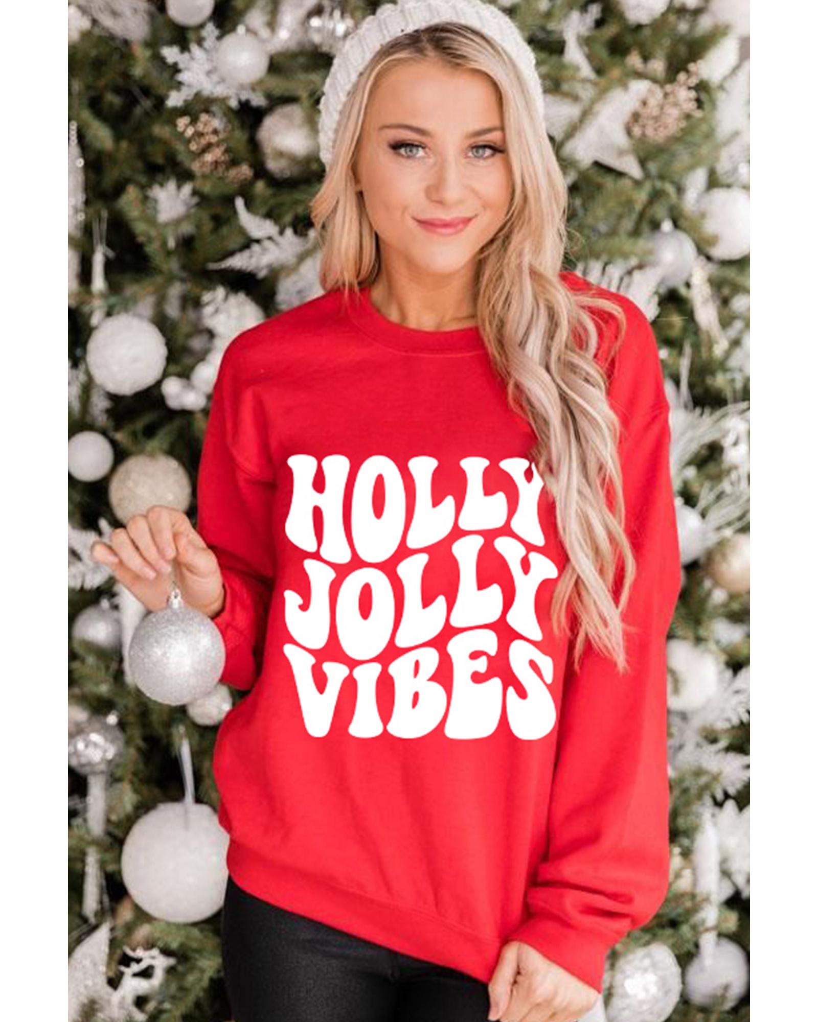 Red HOLLY JOLLY VIBES Graphic Crewneck Christmas Sweatshirt - 2XL 7