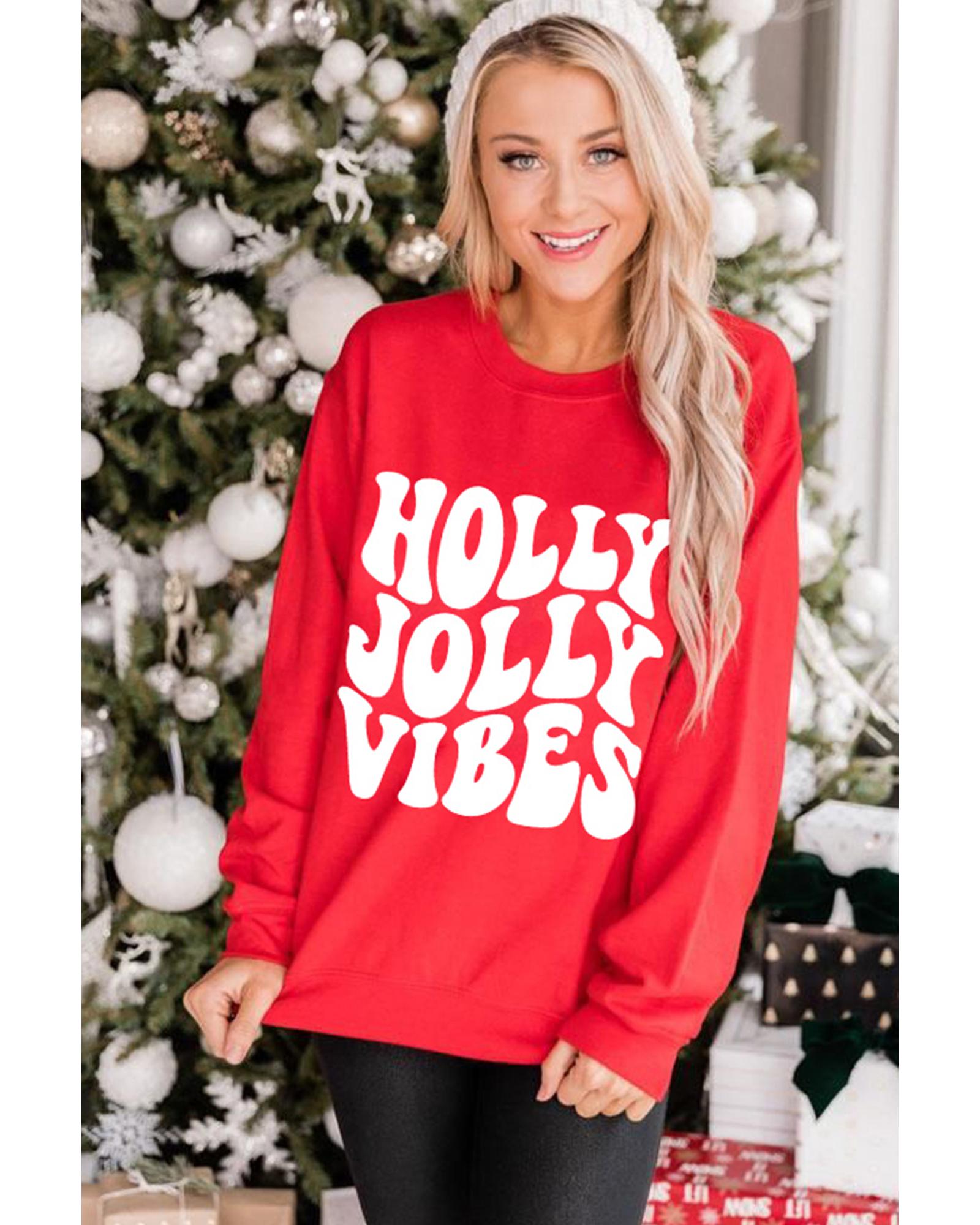 Red HOLLY JOLLY VIBES Graphic Crewneck Christmas Sweatshirt - M 4