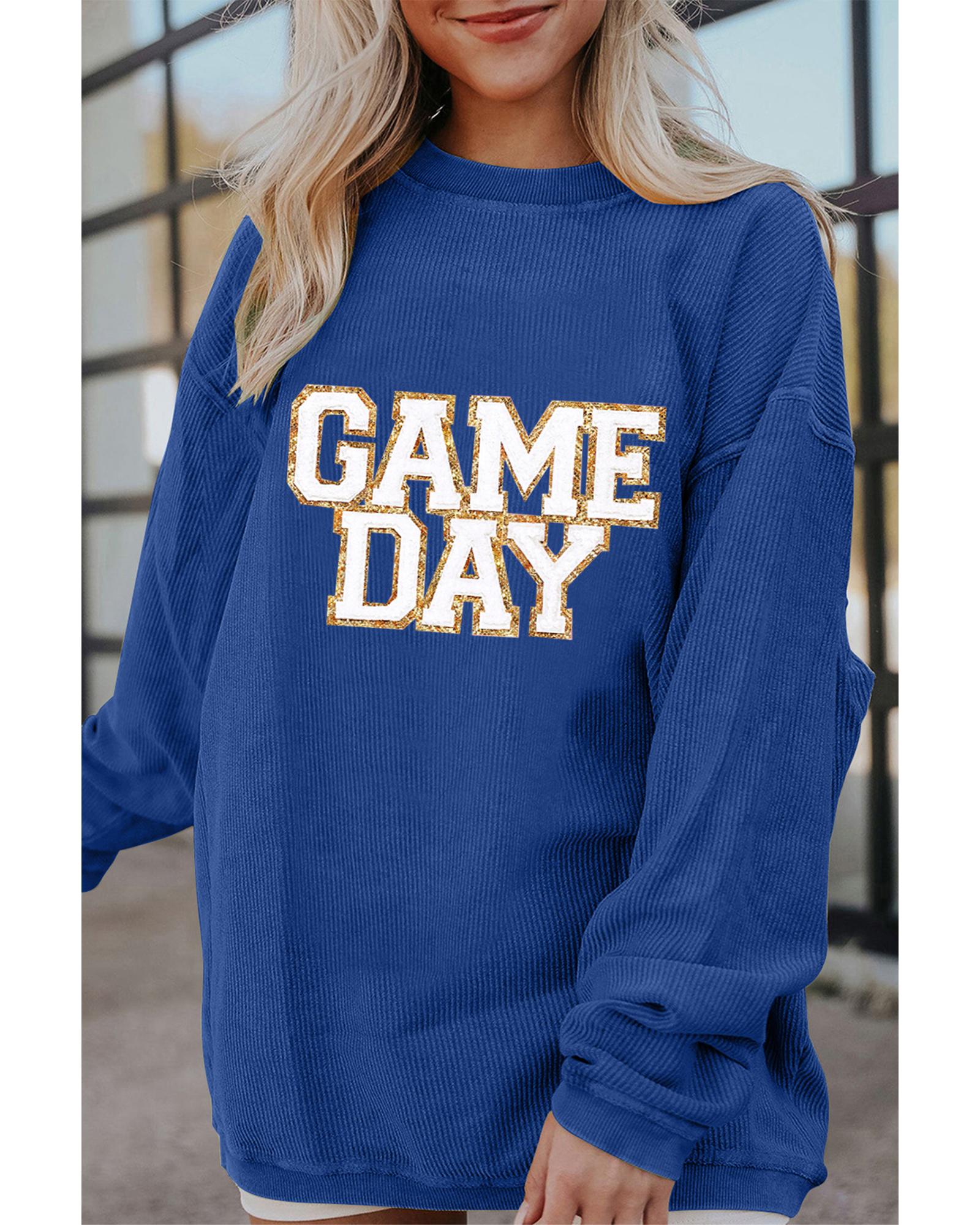 Dark Blue GAME DAY Glitter Detail Ribbed Drop Shoulder Sweatshirt - M 5