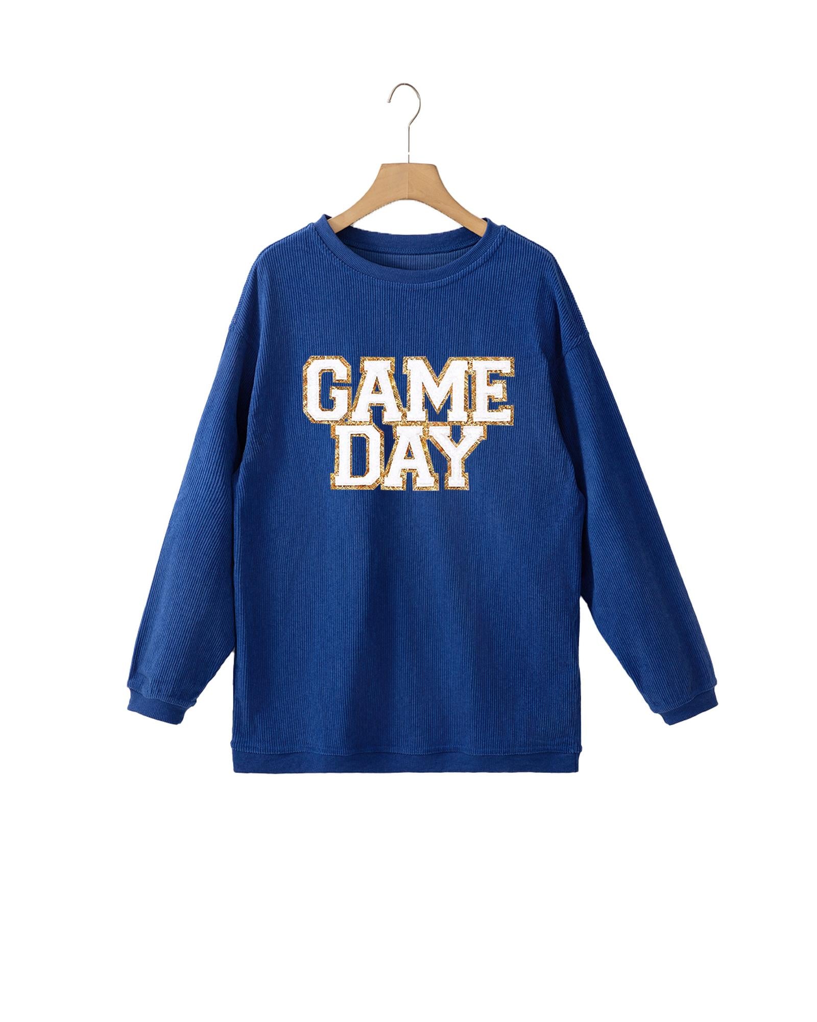 Dark Blue GAME DAY Glitter Detail Ribbed Drop Shoulder Sweatshirt - XL
