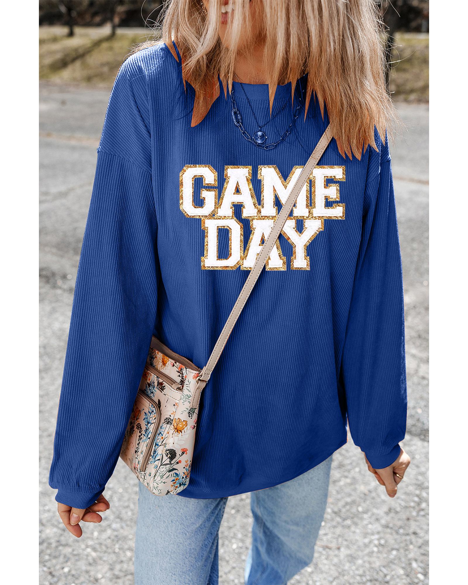 Dark Blue GAME DAY Glitter Detail Ribbed Drop Shoulder Sweatshirt - XL 3