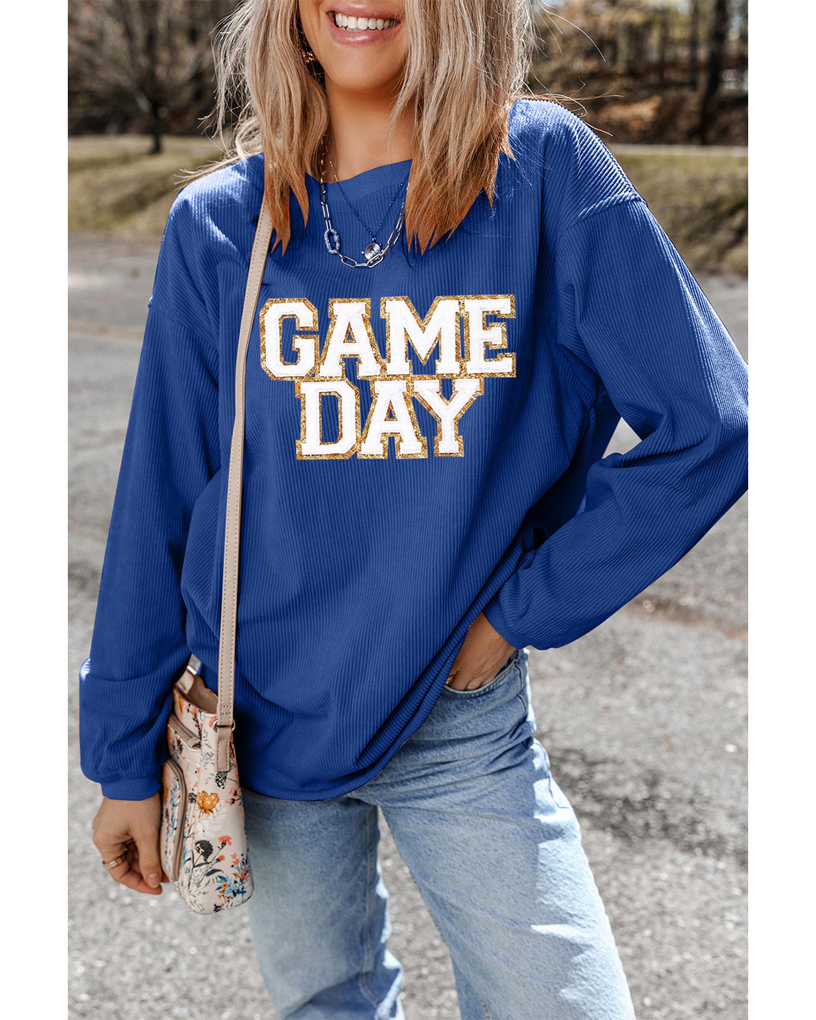 Dark Blue GAME DAY Glitter Detail Ribbed Drop Shoulder Sweatshirt - XL 4