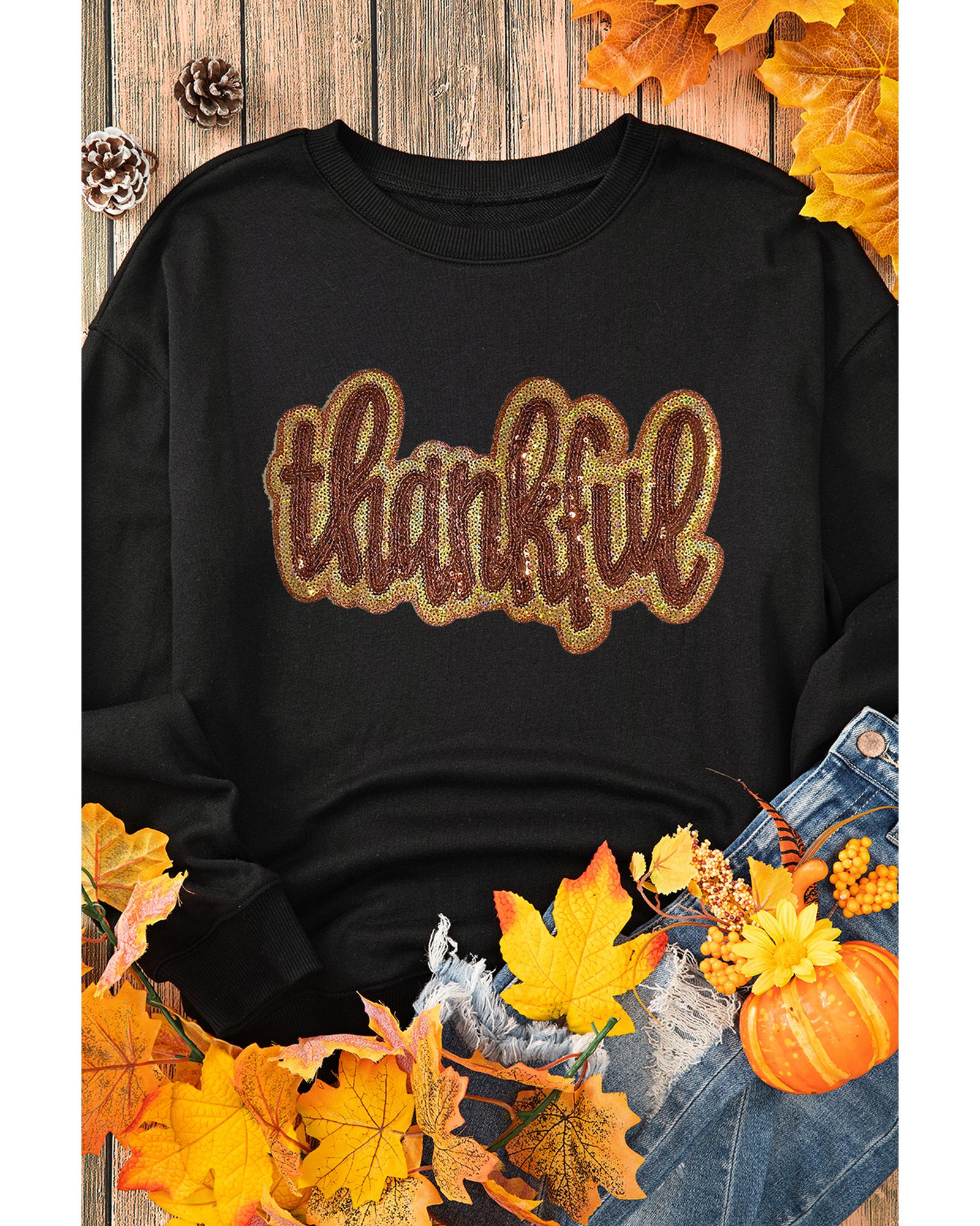 Black Glittering thankful Graphic Drop Shoulder Sweatshirt - L
