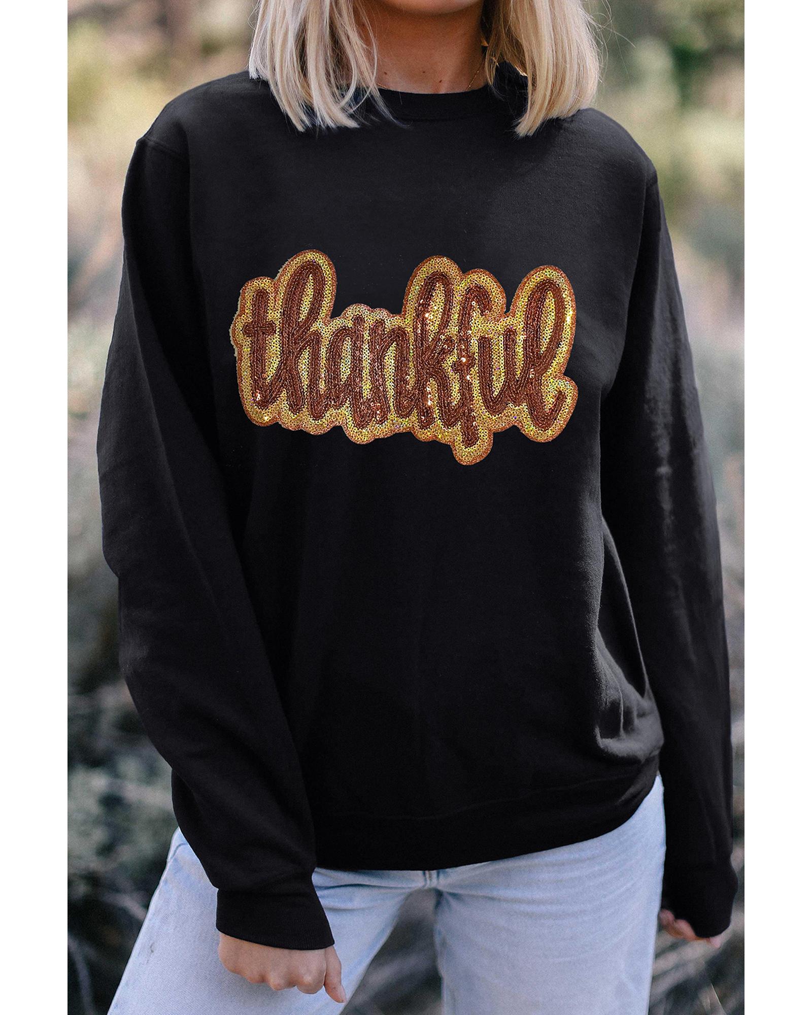 Black Glittering thankful Graphic Drop Shoulder Sweatshirt - L 3