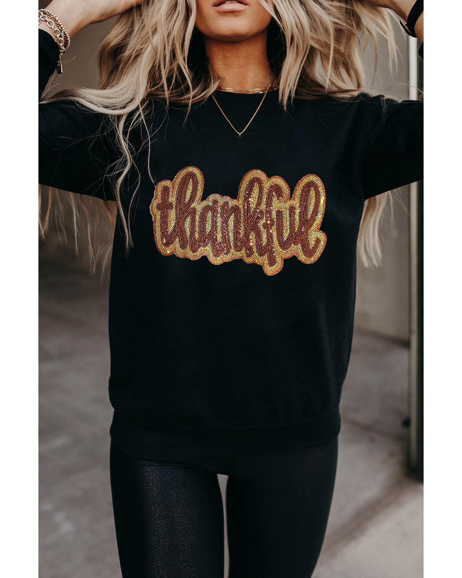 Black Glittering thankful Graphic Drop Shoulder Sweatshirt - L 6