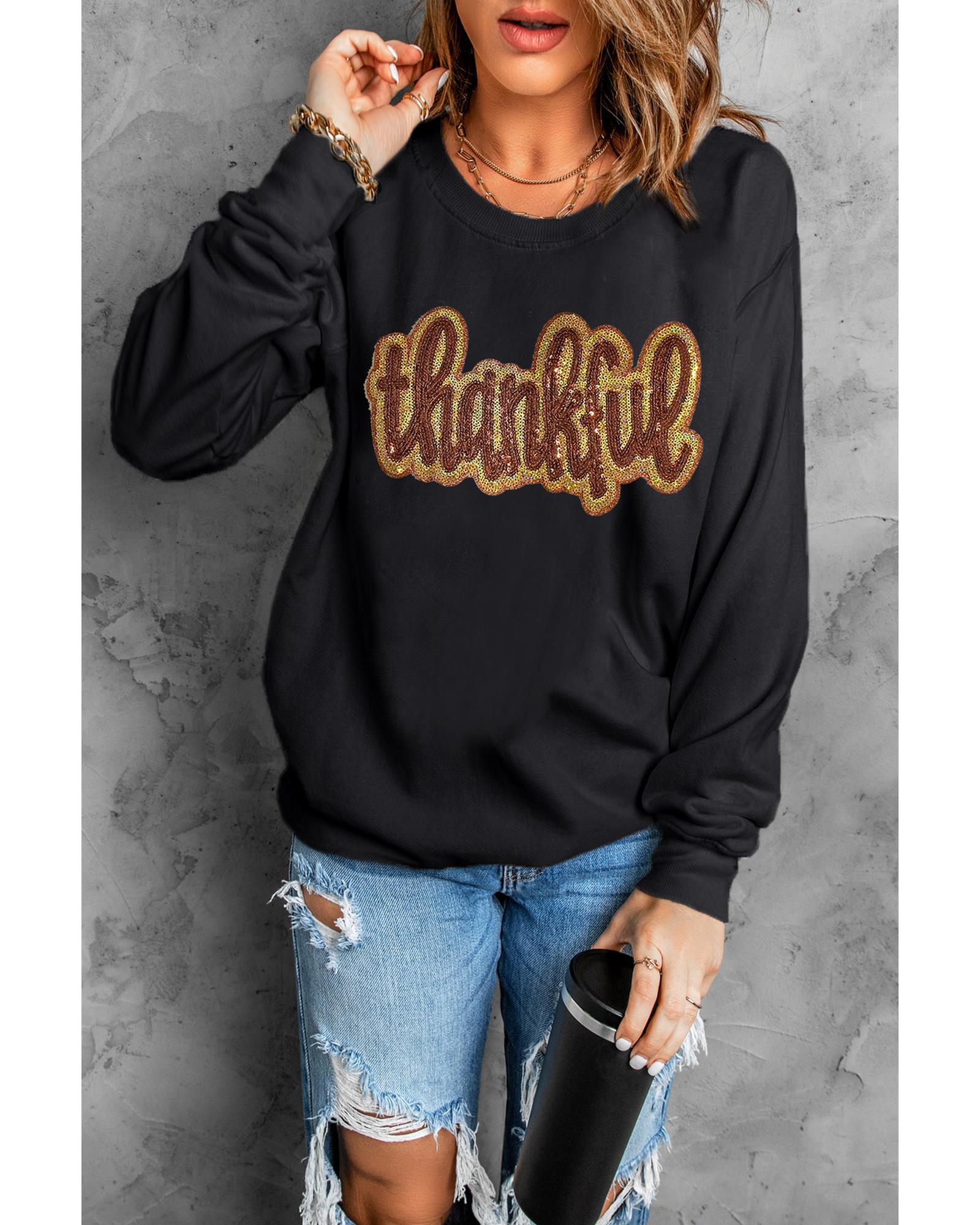 Black Glittering thankful Graphic Drop Shoulder Sweatshirt - M 5