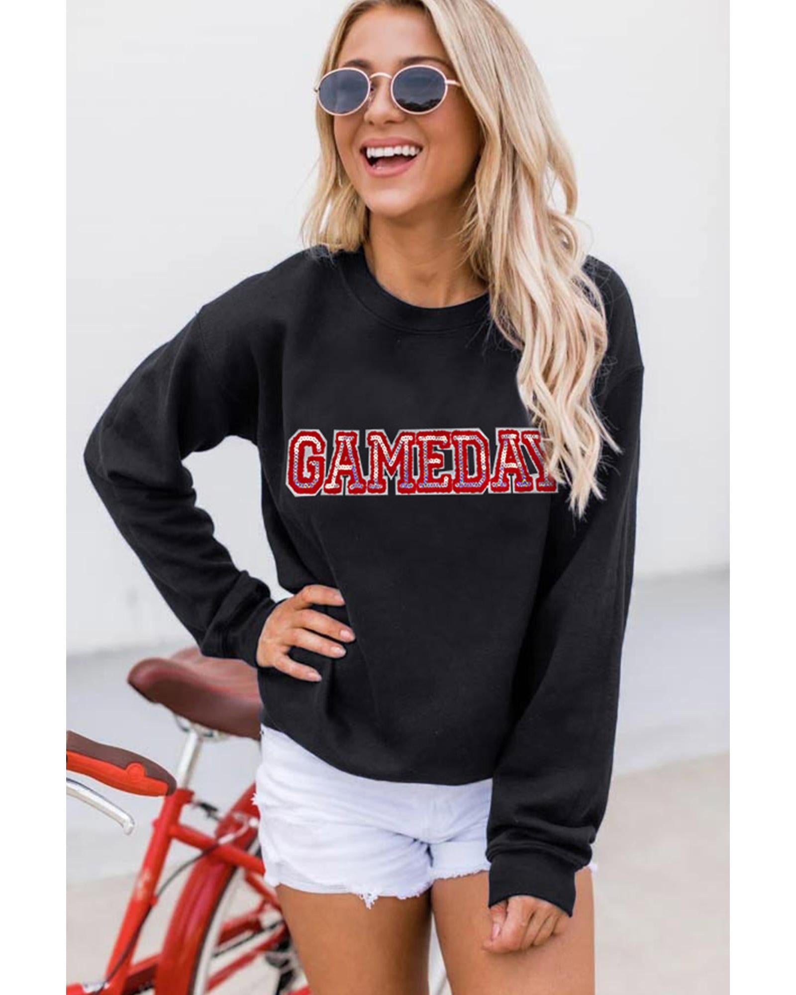 Black Sequined GAME DAY Rugby Football Season Sweatshirt - L 5