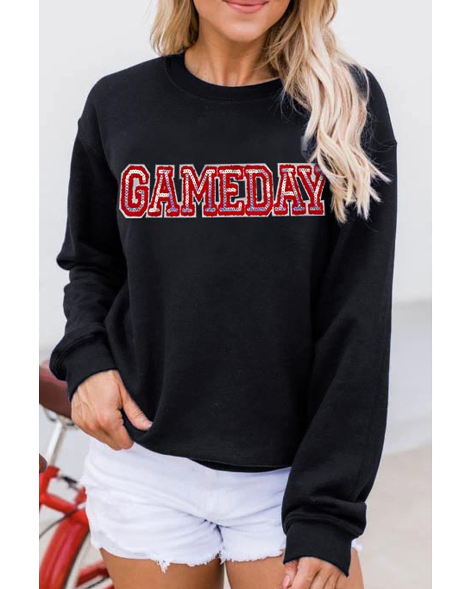 Black Sequined GAME DAY Rugby Football Season Sweatshirt - M 3