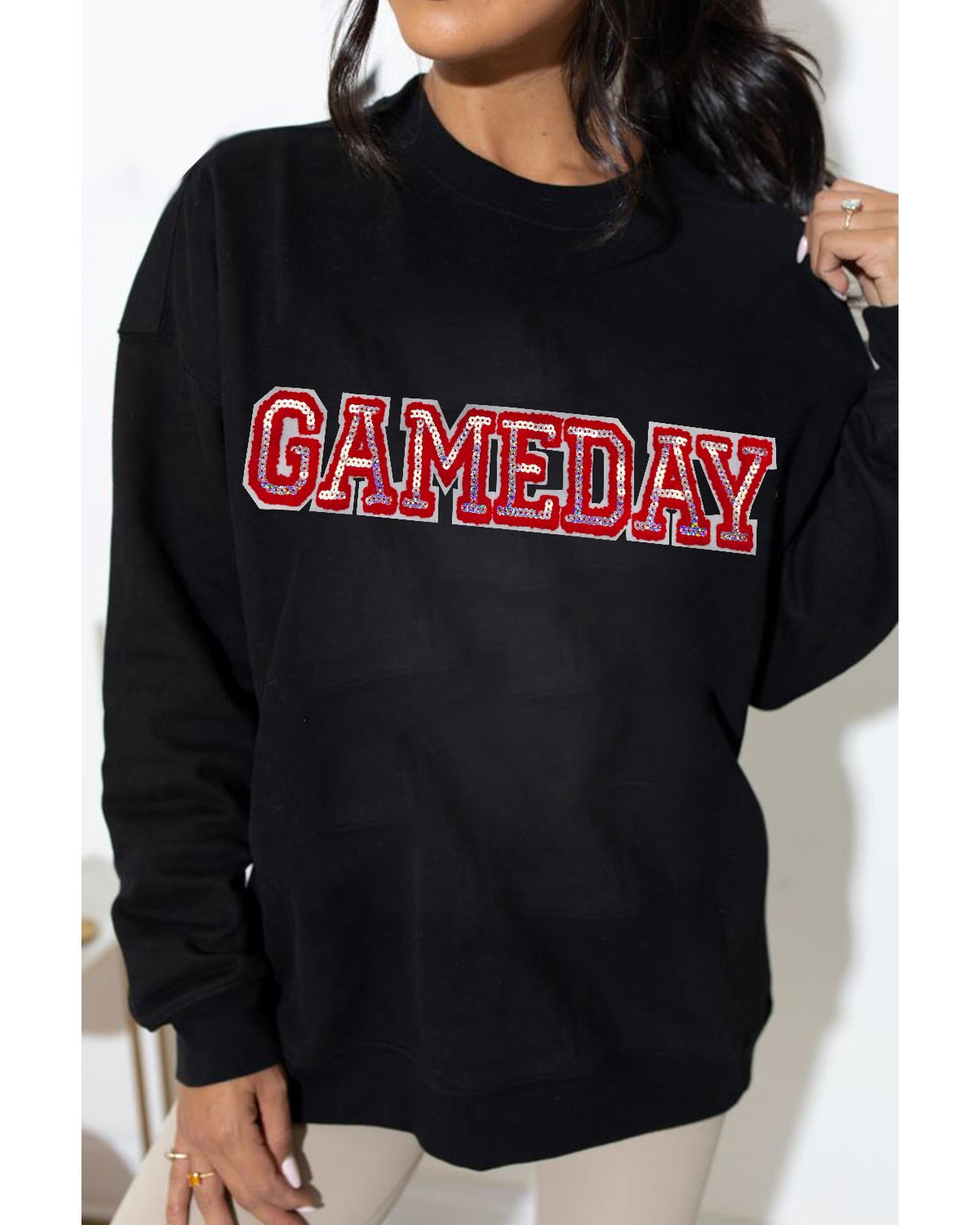 Black Sequined GAME DAY Rugby Football Season Sweatshirt - M 8