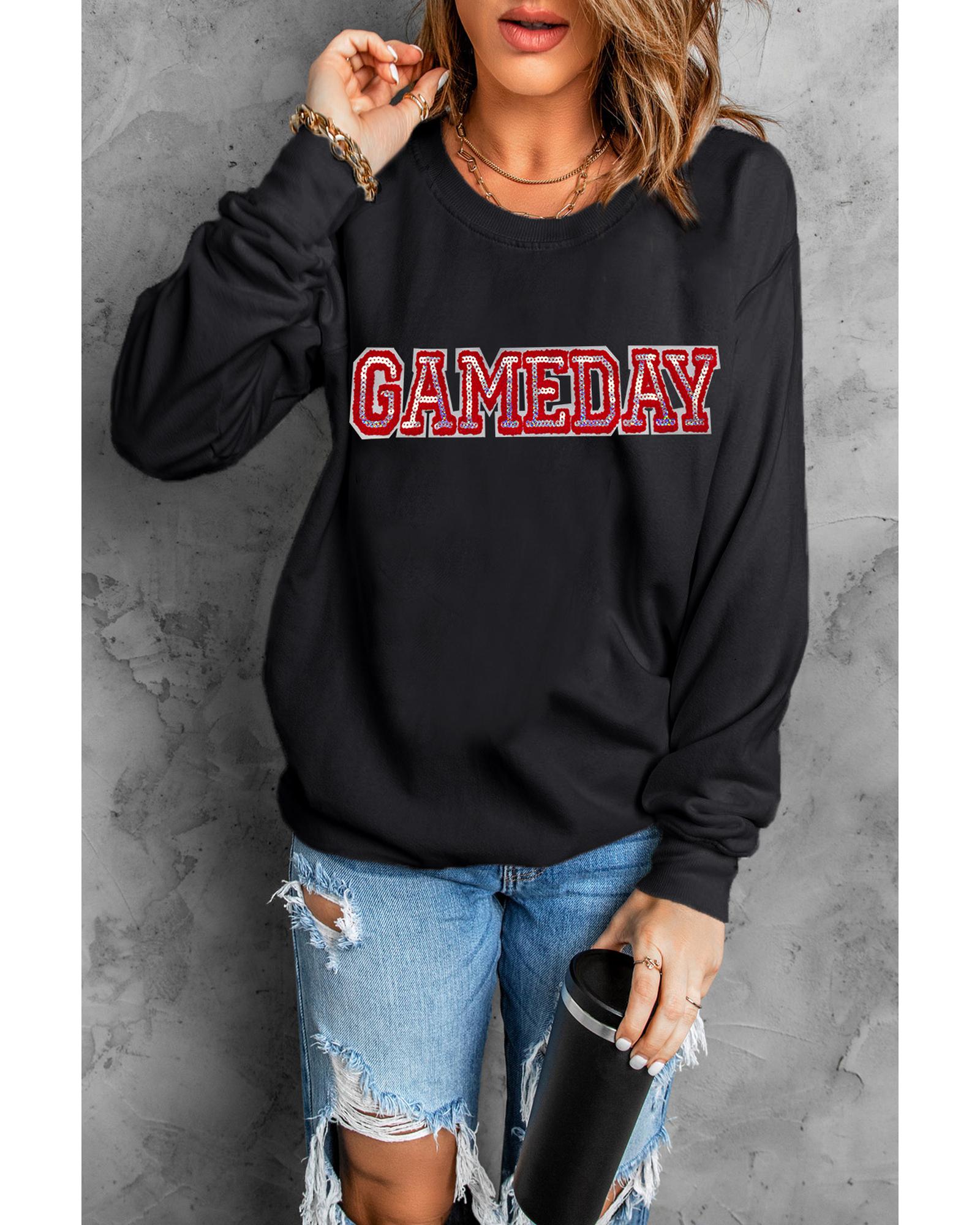 Black Sequined GAME DAY Rugby Football Season Sweatshirt - S