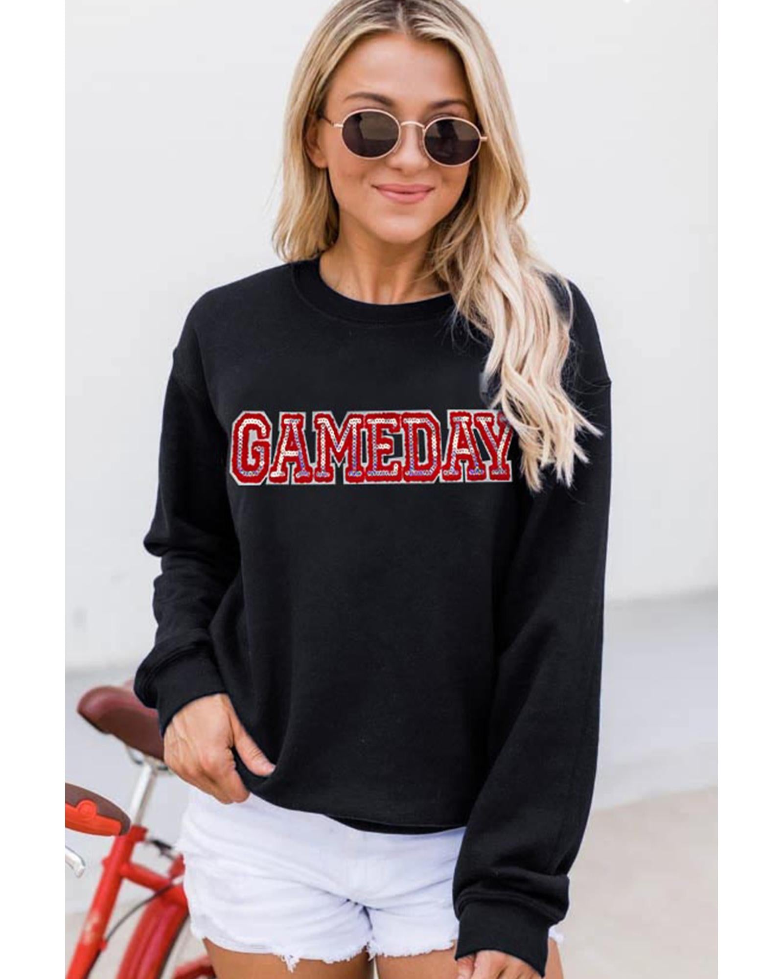 Black Sequined GAME DAY Rugby Football Season Sweatshirt - S 7