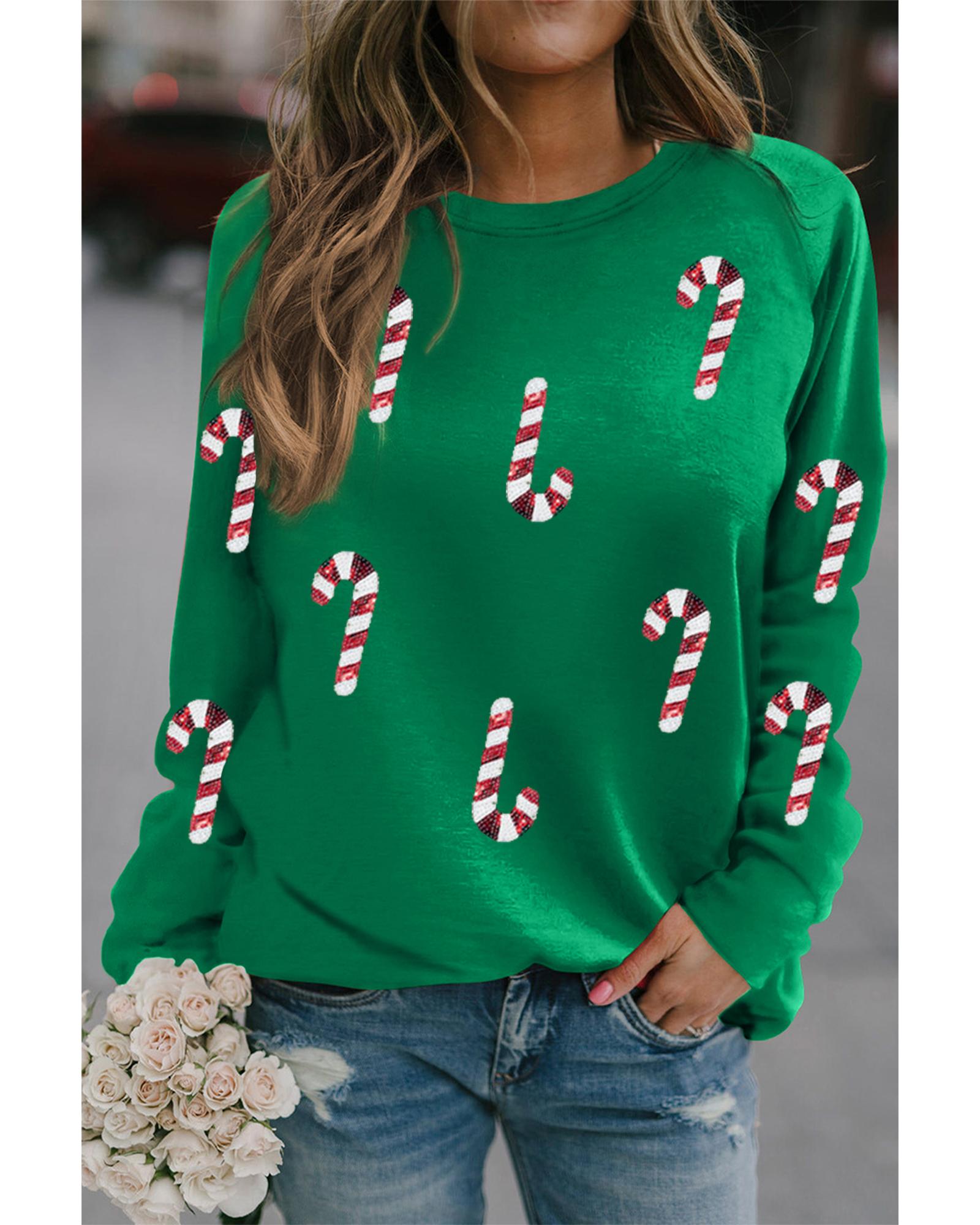 Green Sequin Christmas Candy Cane Graphic Crewneck Pullover Sweatshirt - S 3