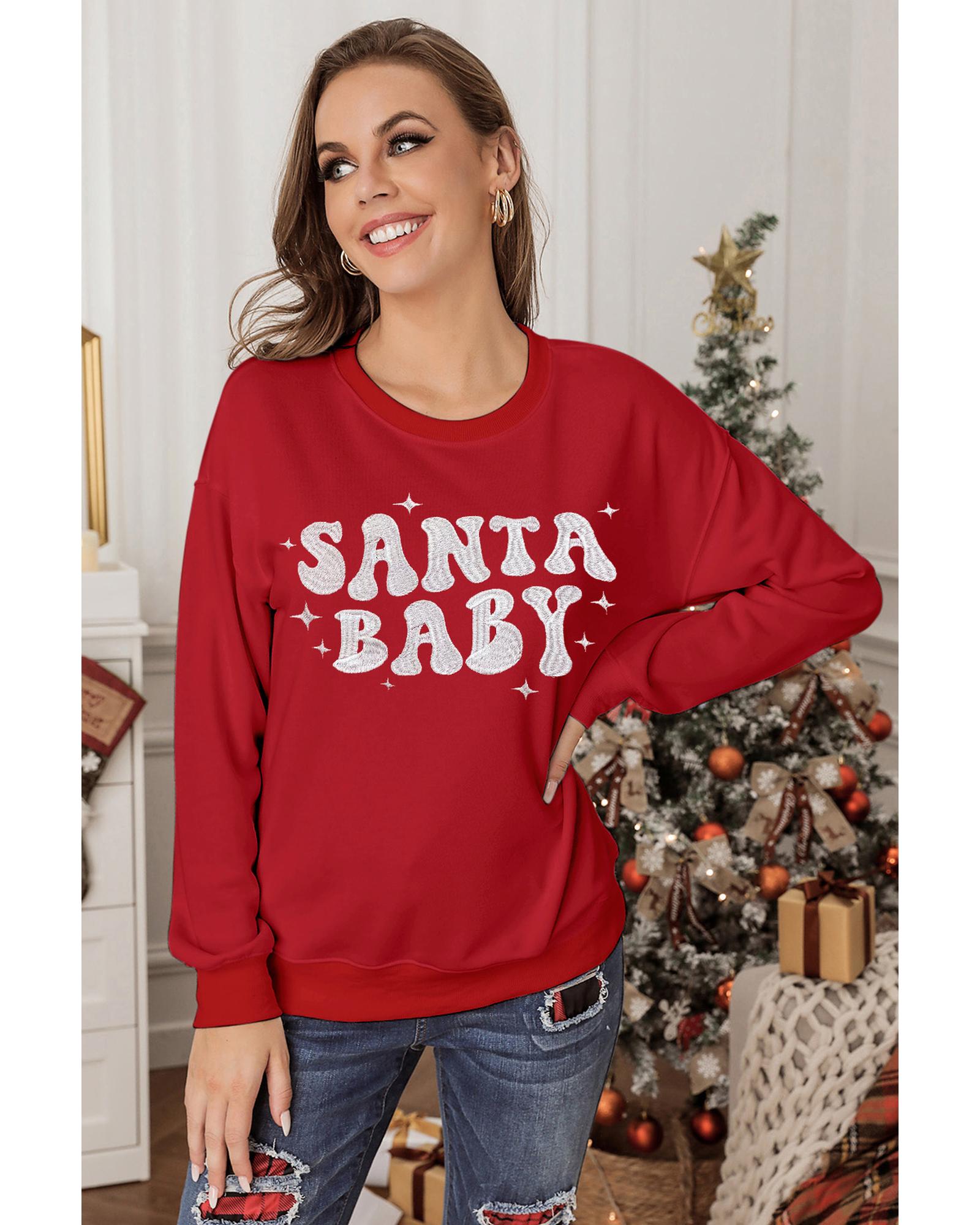 Red SANTA BABY Embroidered Crewneck Christmas Sweatshirt - L 7