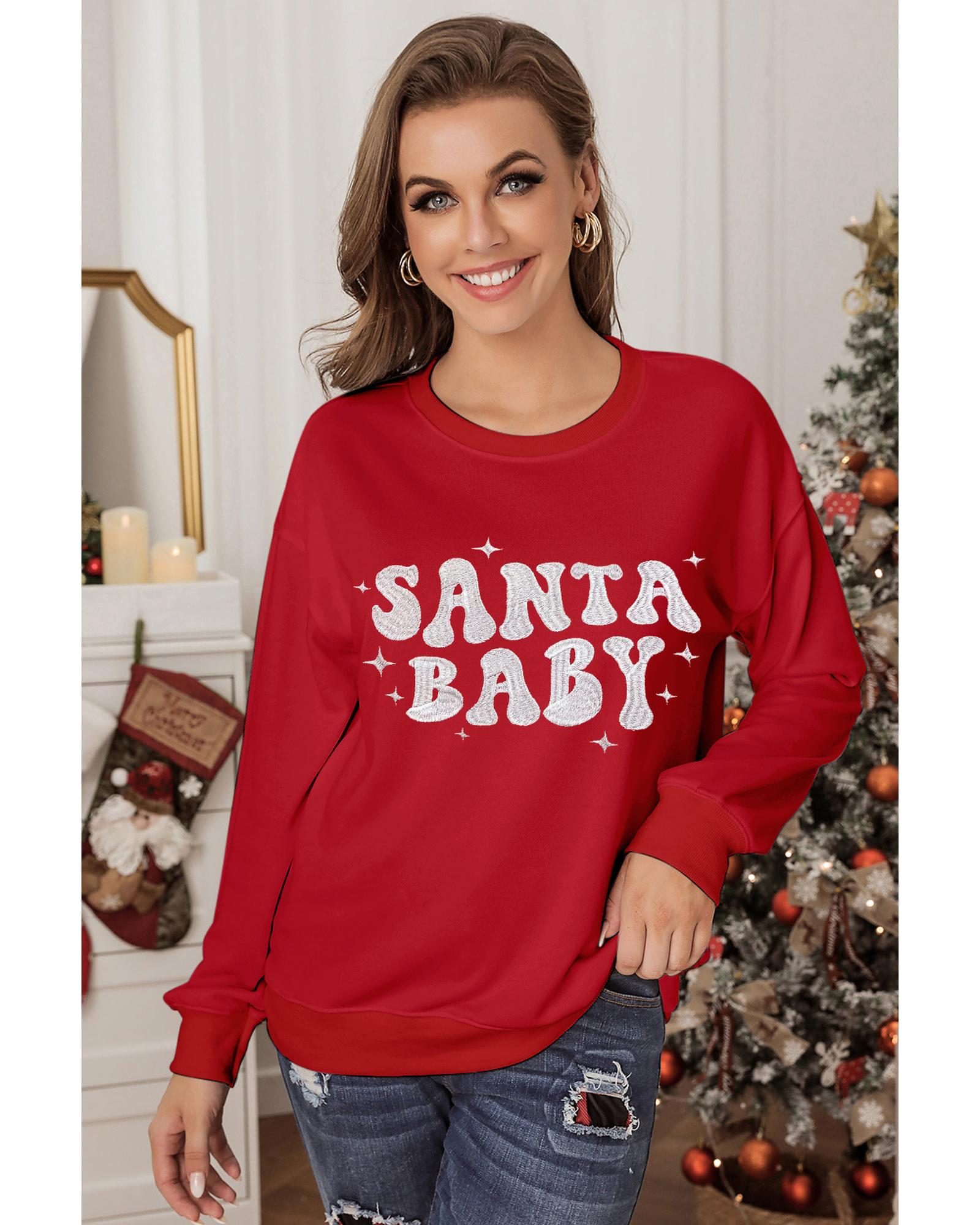Red SANTA BABY Embroidered Crewneck Christmas Sweatshirt - L 8