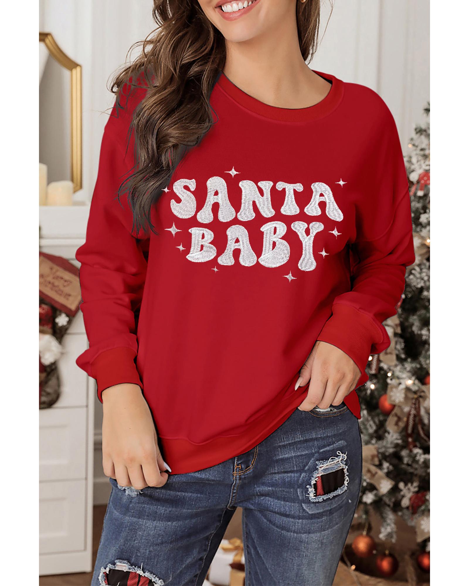 Red SANTA BABY Embroidered Crewneck Christmas Sweatshirt - M 4