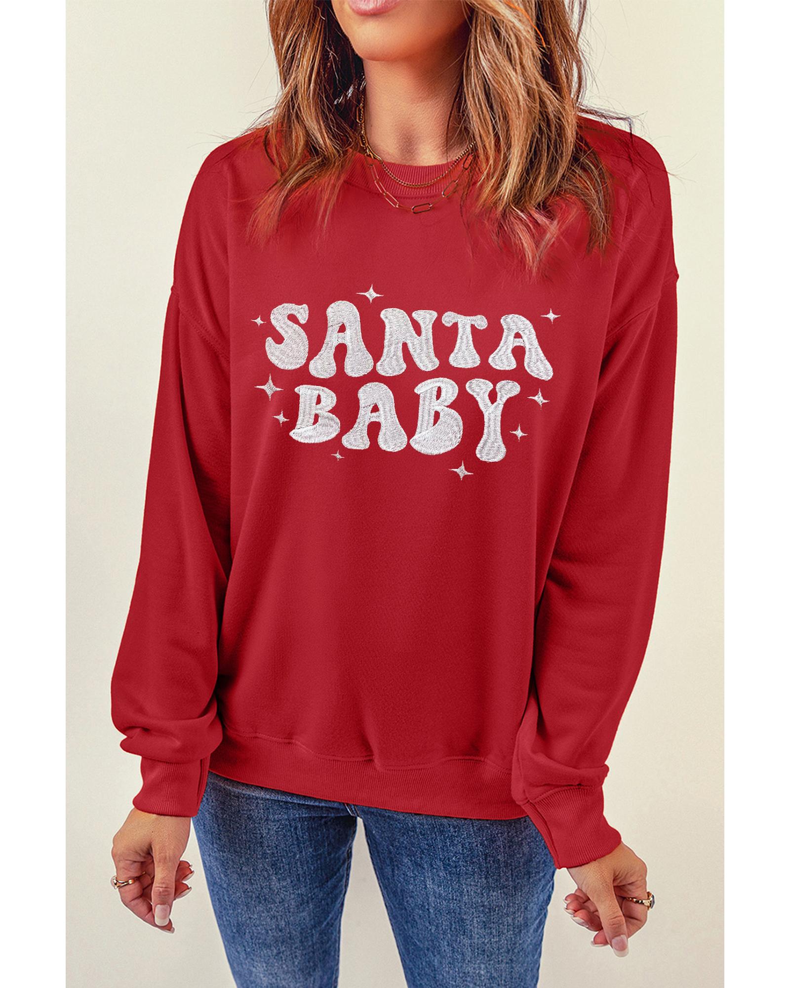 Red SANTA BABY Embroidered Crewneck Christmas Sweatshirt - M 5