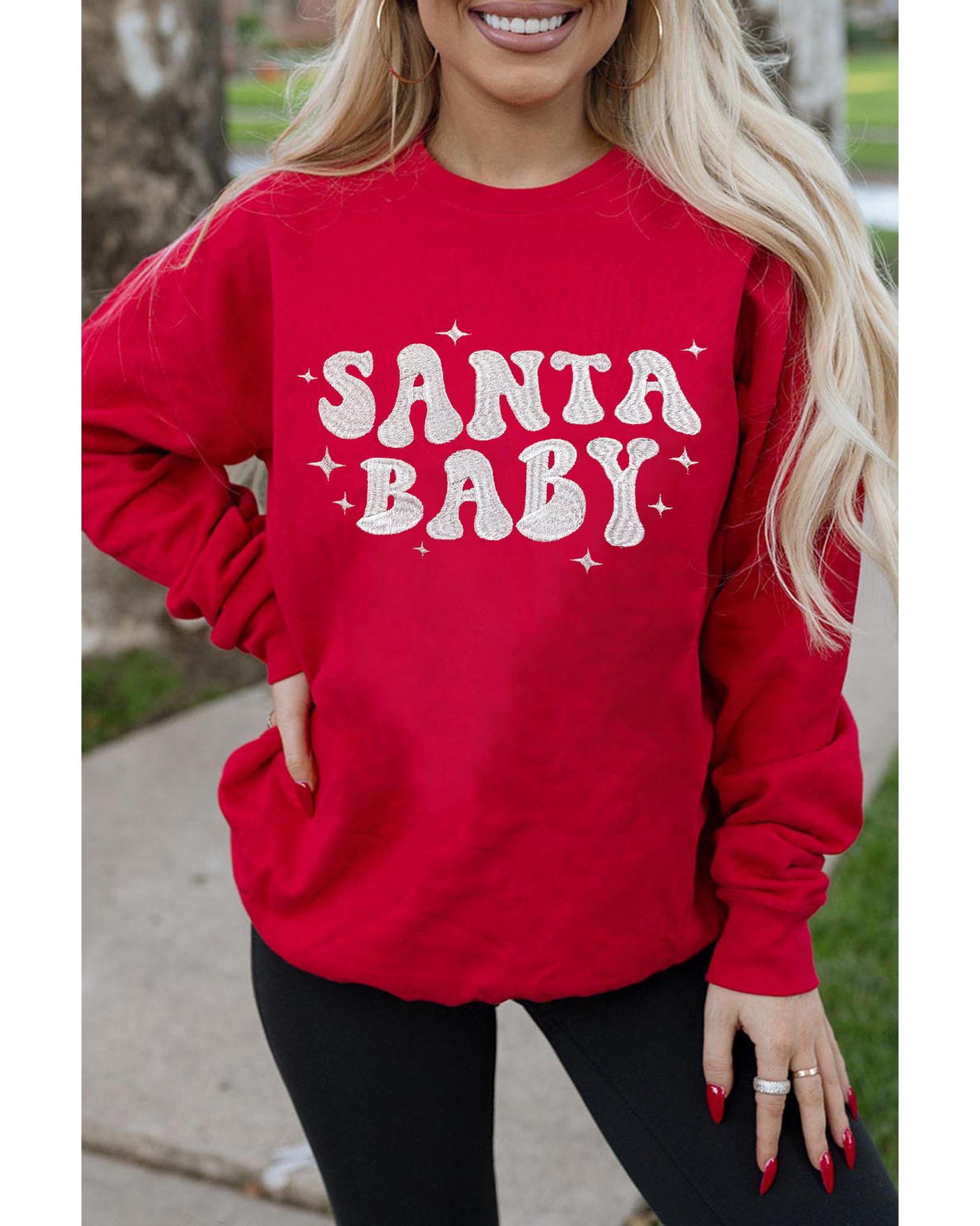 Red SANTA BABY Embroidered Crewneck Christmas Sweatshirt - M 6