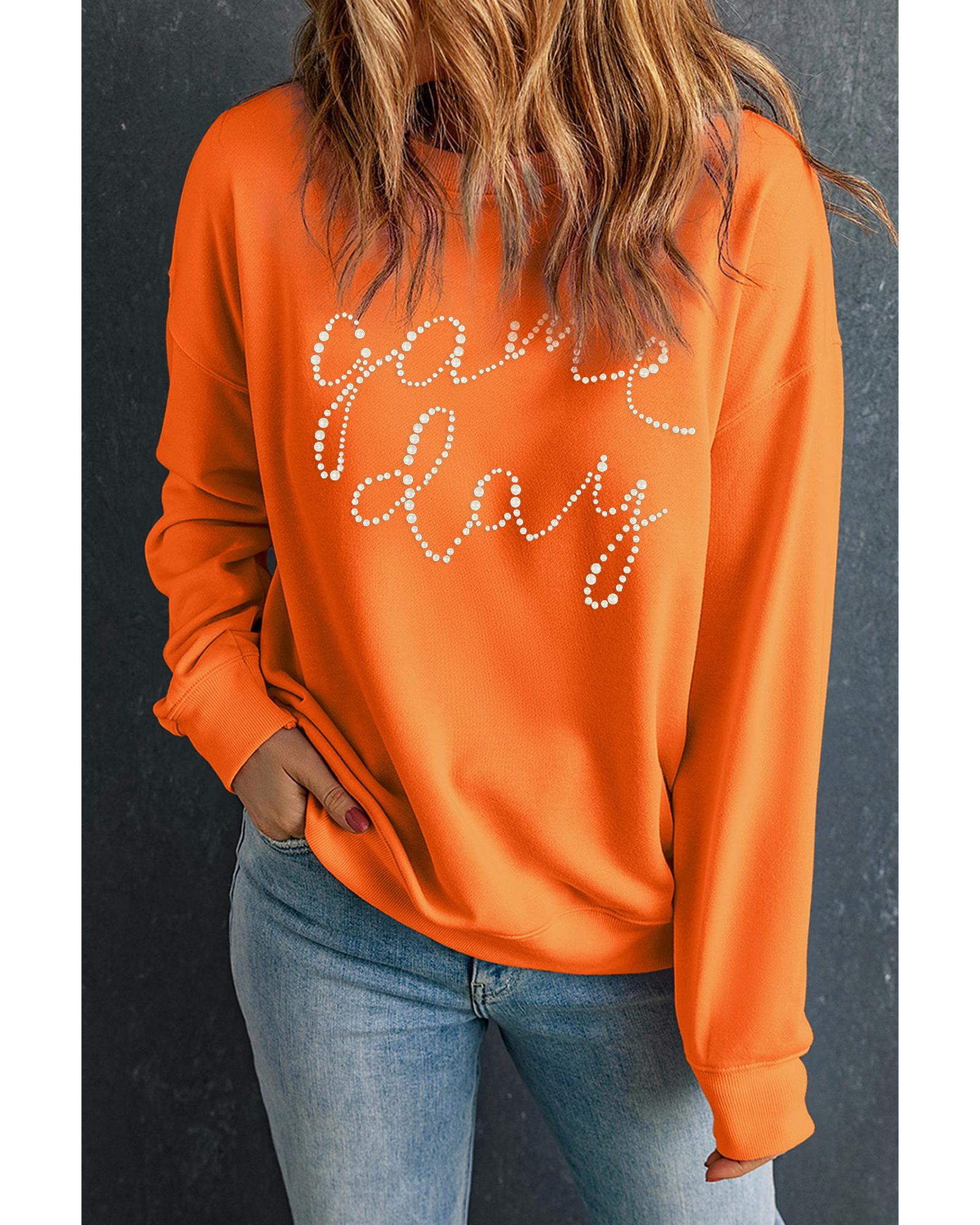 Orange Rhinestone game day Pattern Drop Shoulder Sweatshirt - L 4