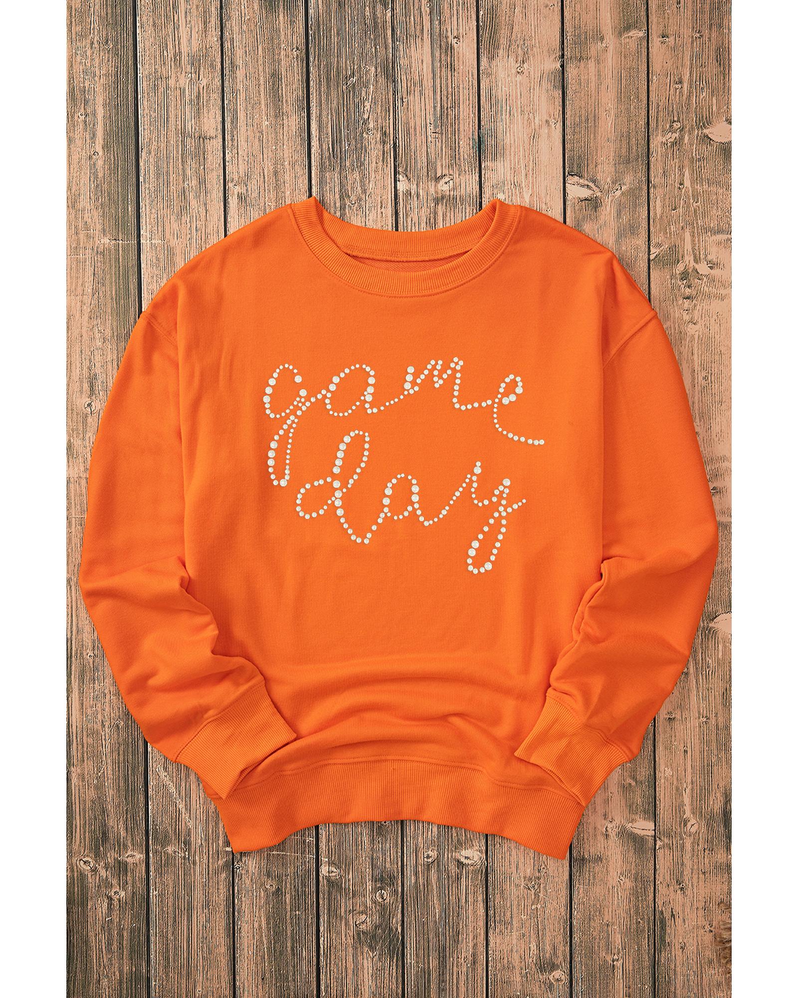 Orange Rhinestone game day Pattern Drop Shoulder Sweatshirt - M 3
